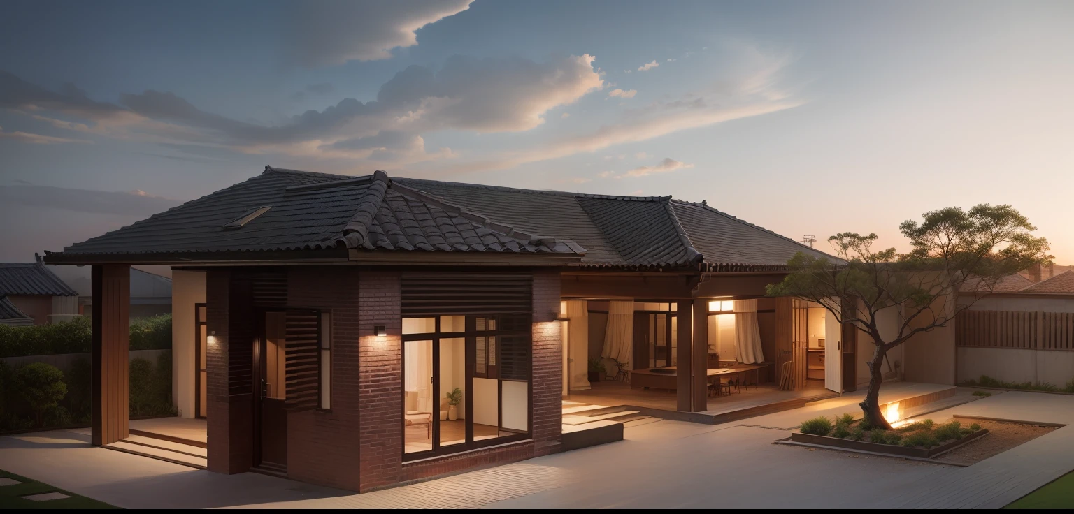 A house brick and tree in front, Hot summer,summer,Southern rural courtyard,Cool,Aoi fan