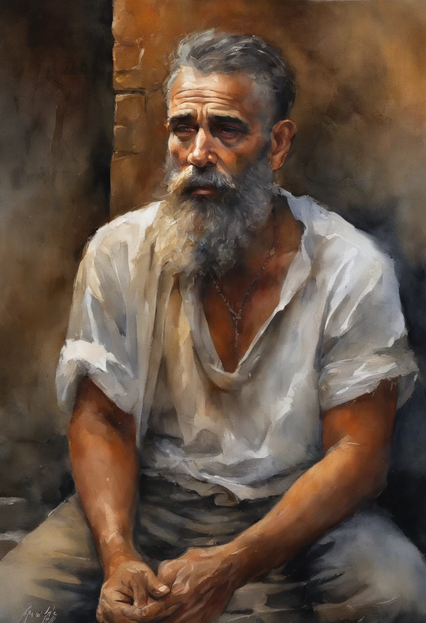 Um rua onde vielas se encontram, personagem masculino de meia-idade, com cabelos grisalhos e barba por fazer. His expression of agony is frozen on his pale face, Lying on the cobblestone floor, vemos a cena de cima, um vulto sutil em uma parte das vielas