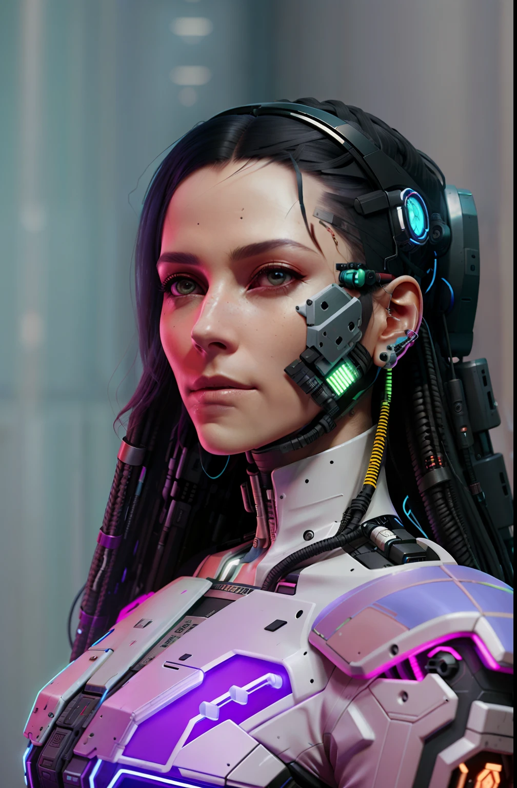 There was a woman in a headdress,Wearing a camera on your head, hyper realistic cyberpunk style, Cyberpunk headset, Cyberpunk style , A hyper-realistic, styled like ghost in the shell, Muted cyberpunk style, Cyberpunk headdress, Cyberpunk transhumanist, It has a cyberpunk style, Portrait of a cyberpunk machine, cyborg - girl, Show on《cyberpunk 2077》Curly, Improved cyborgs