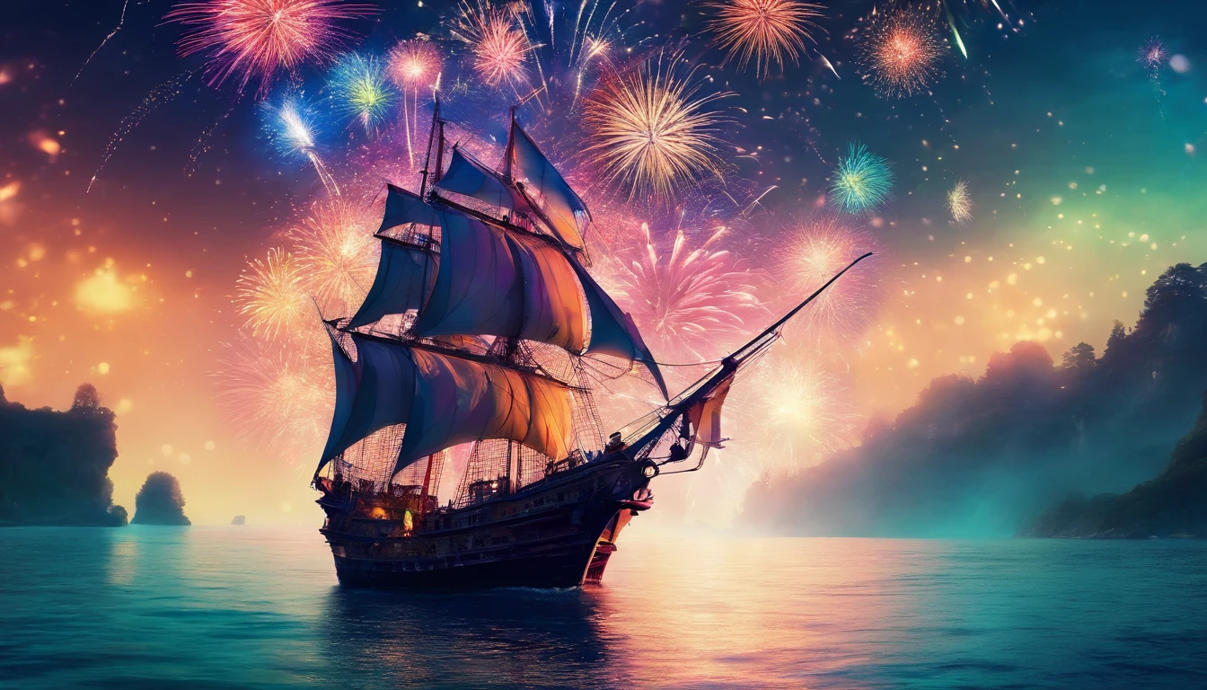 (sailing ship), (background: sea, Whimsical fairytale castles:1.4), moonlight, (multicolored firework:1.4), particle effects, Magical realism, octane render, (detailed), intricate details,