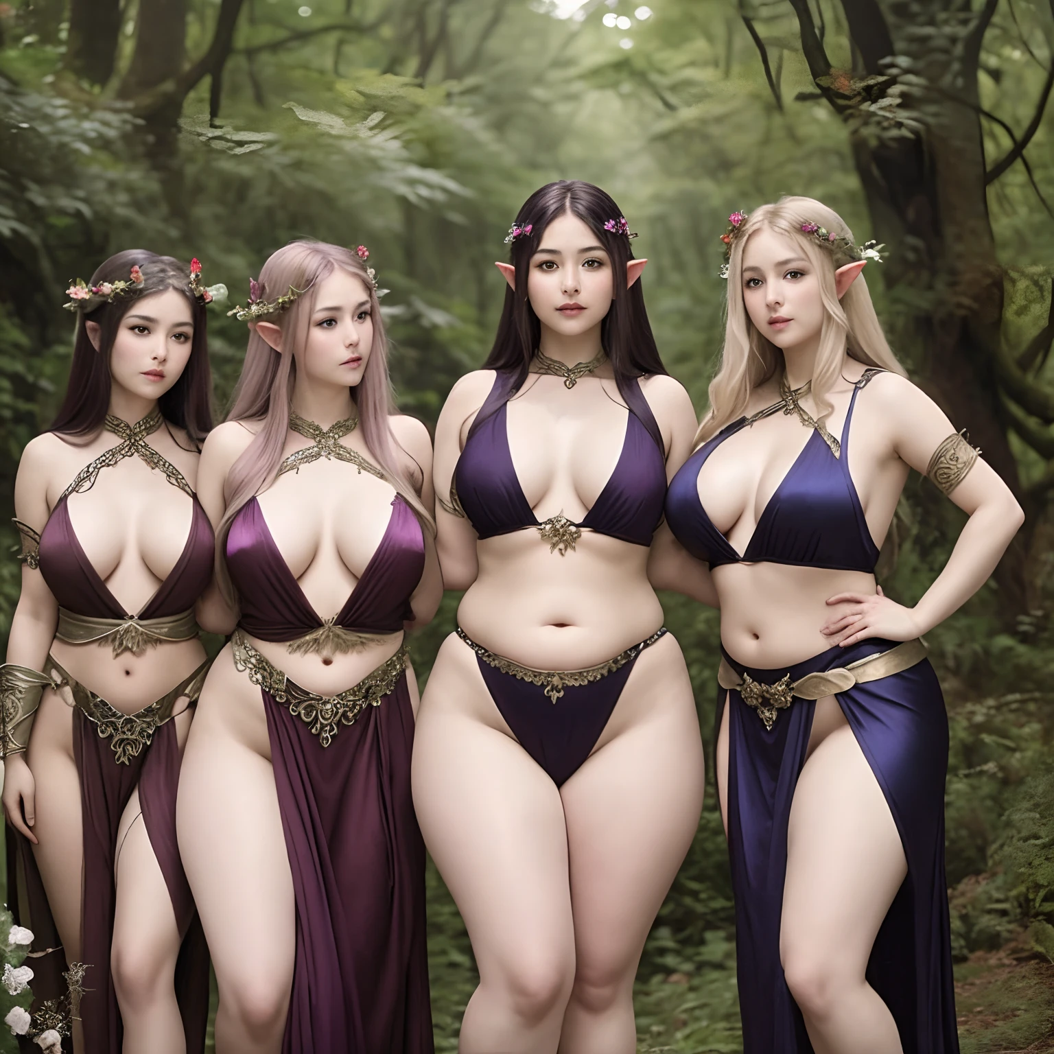 Five alluring elven maidens, each donning a distinct hair hue, clad in revealing silk garments of different colors, their plump bellies and thick thighs charmingly exposed, casting a sensuous gaze upon the viewer.