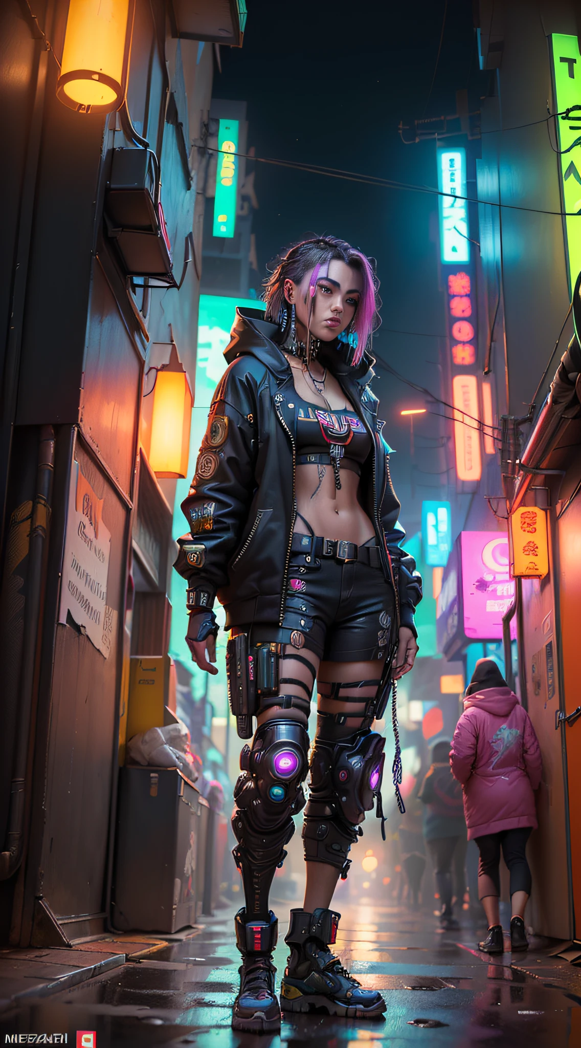 ((melhor qualidade)), ((obra-prima)), (detalhado), (cyberpunk illustration: 1.3), roupa preta cyberpunk, longo cabelo preto, noite, neon, olhar encantador, pose cativante, charme (Luis Royo:1.2), (Yoshitaka Amano:1.1), noite de luar, cores suaves, (paisagem de cidade cyberpunk detalhada:1.3), (alta resolução:1.2)