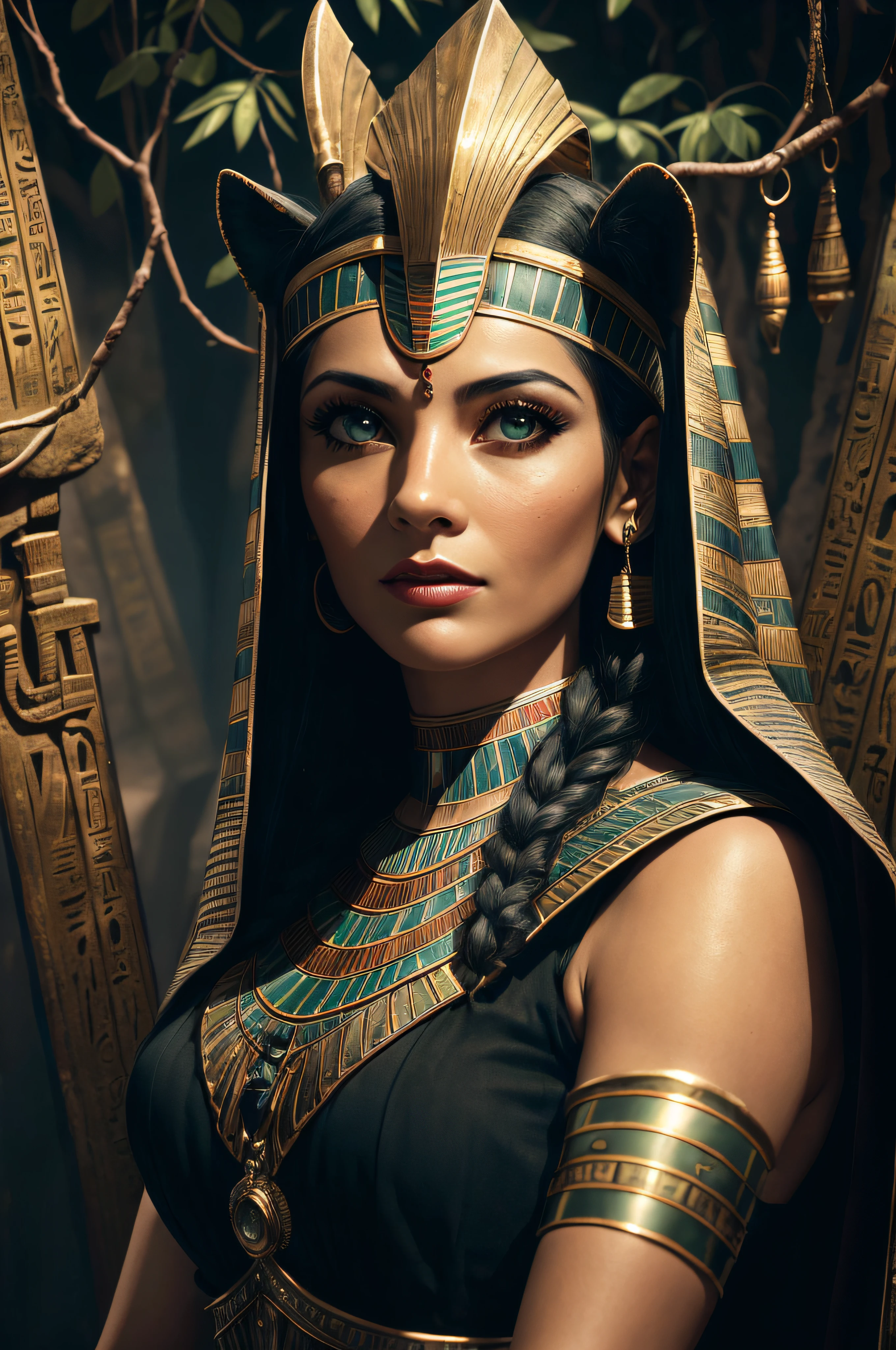 1 adult Egyptian woman, green eyes, black hair flaps, makeups , upper body, looking at viewer, detailed background, detailed face,  OldEgyptAI, ancient egyptian theme,  feral jungle warrior, obsidian, ((defensive stance)), stone knife, bushes, poisonous plants, rocks,  humid climate, darkness, cinematic atmosphere,
dark chamber, dim light, (zentangle, mandala, tangle, entangle:0.5)
(35mmstyle:1.1), front, masterpiece, 1970s film, , cinematic lighting, (photorealistic:1.5), high frequency details, 35mm film, (film grain), film noise,