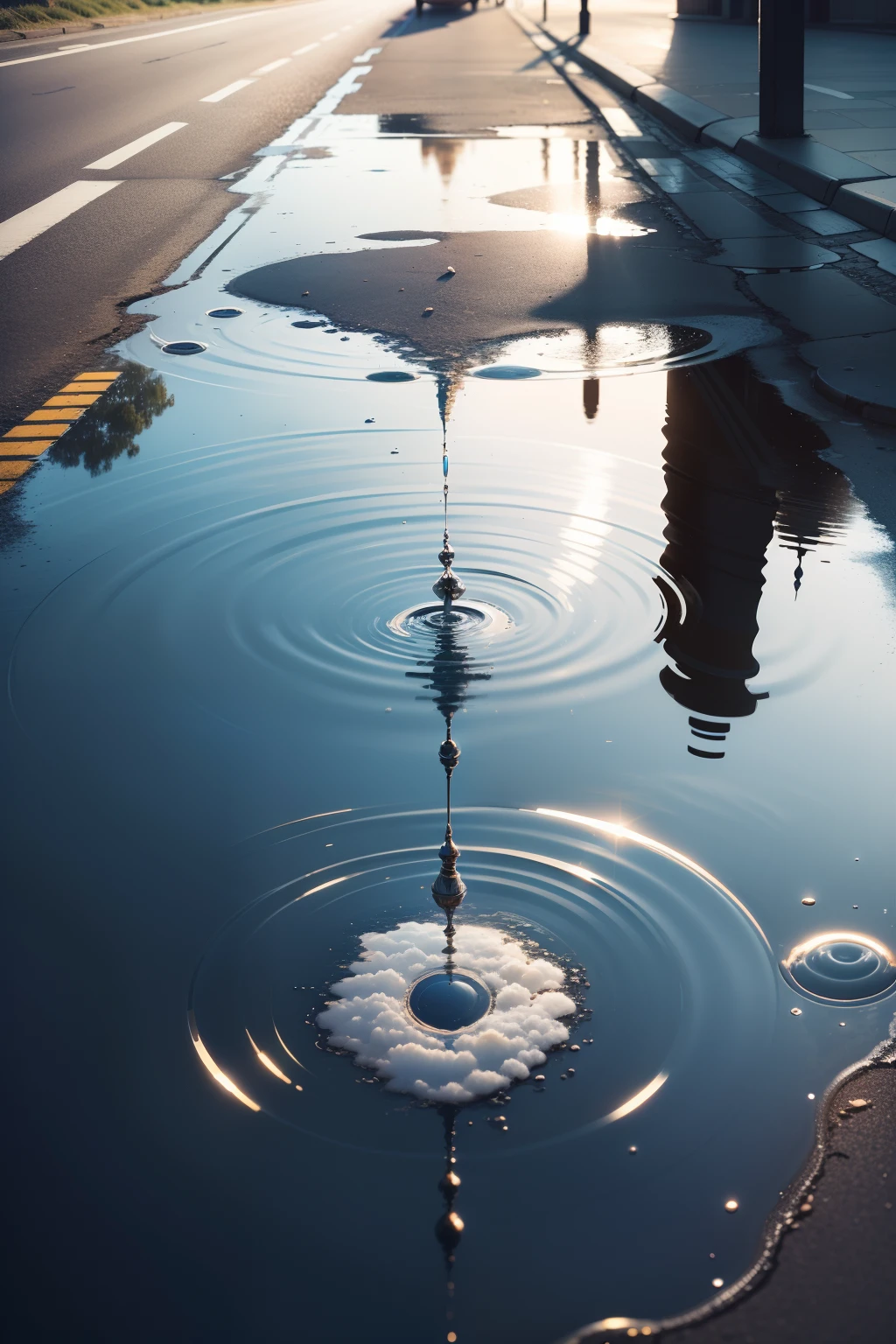 ultra quality, ultla highres, hyper detailed, high contrast, super fine illustration, creative refinement, Stylish city, puddle on the road, Beautiful blue sky, Reflection photo of a city in a puddle of water