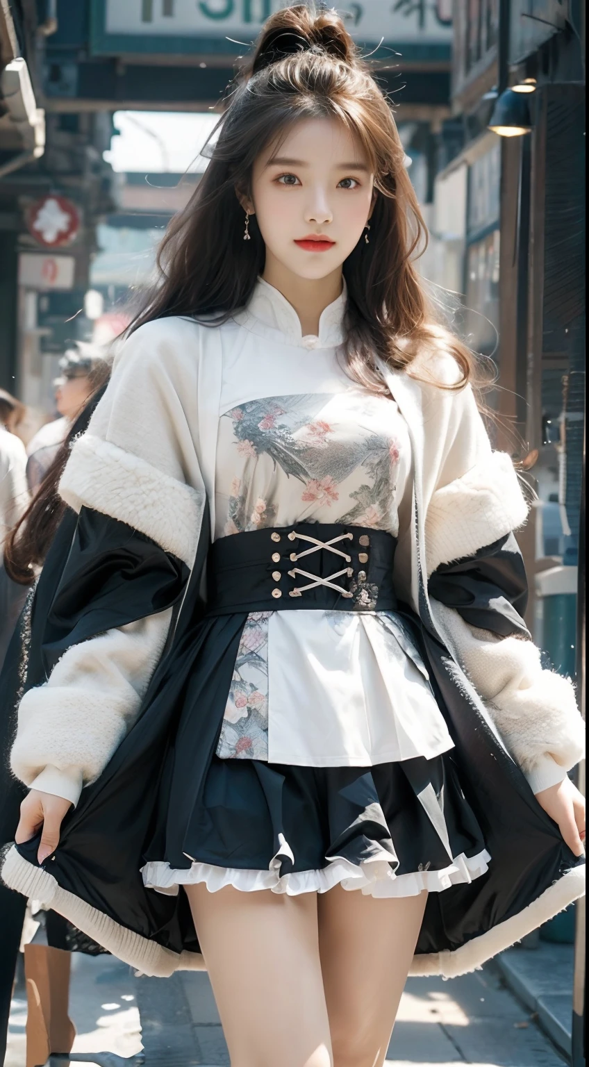 (（best qualtiy，tmasterpiece，超A high resolution）)，（realisticlying：1.4），(Korean star poster-like)，1girll，From head to knee，Dynamic posture，adult face，Slim，(ssmile)，joy，Reflective eyes，（shiny skins），（contours，frontage)，whaite hair，long whitr hair，黑The eye，Top fashion，（（White plush coat）），Beautiful costumes，(Lolita costume)，(short  skirt)，（Real drifting snow：1.5，snow cover，Simple street），(Clear eyes)，(Clear nose)，(Clear lips)，(Fair skin)，(Ultra-realistic textile textures)，cinmatic lighting，35mm，offcial art，Incredibly Ridiculous res，hugefilesize，