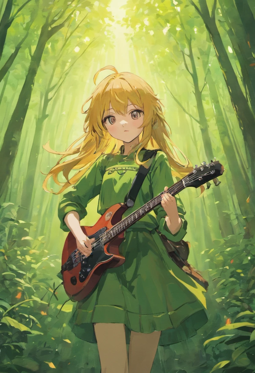  girl, The long-haired, Plain and Black, Bright eye, Wearing peasant clothes, playing guitar in a forest, Pose and axe in the face, Squeeze of joy, SNES Painting