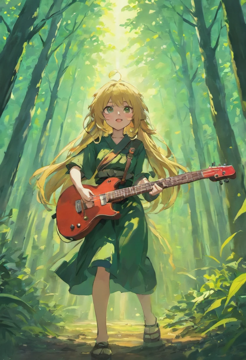 17 years old girl, The long-haired, Plain and Black, Bright eye, Wearing peasant clothes, playing guitar in a forest, Pose and axe in the face, Squeeze of joy, SNES Painting