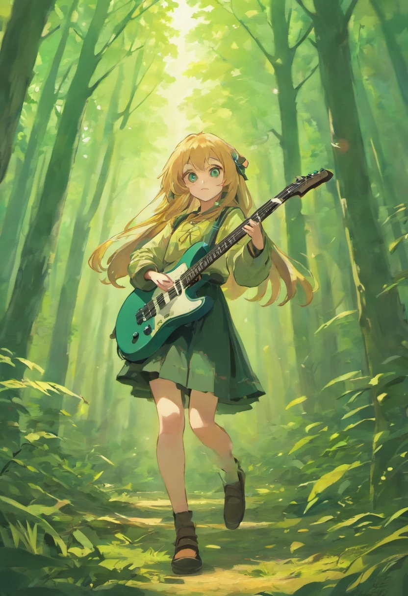 girl, The long-haired, Plain and Black, Bright eye, Wearing peasant clothes, playing guitar in a forest, Pose and axe in the face, Squeeze of joy, SNES Painting