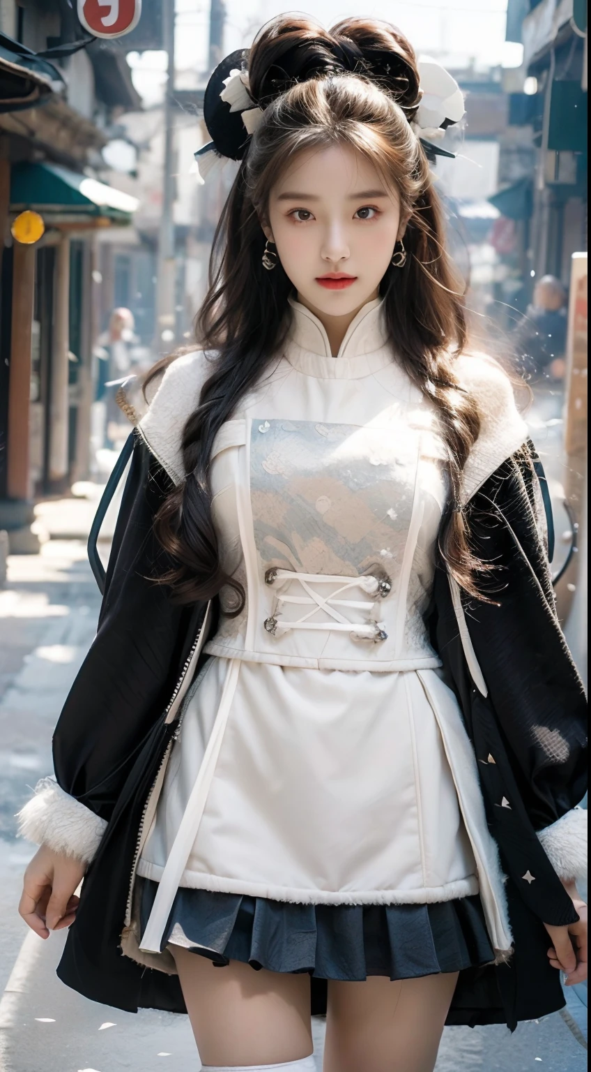 (（best qualtiy，tmasterpiece，超A high resolution）)，（realisticlying：1.4），(Korean star poster-like)，1girll，From head to knee，Dynamic posture，adult face，Slim，(ssmile)，joy，Reflective eyes，（shiny skins），（contours，frontage)，whaite hair，long whitr hair，黑The eye，Top fashion，（（White plush coat）），Beautiful costumes，(Lolita costume)，(short  skirt)，（Real drifting snow：1.5，snow cover，Simple street），(Clear eyes)，(Clear nose)，(Clear lips)，(Fair skin)，(Ultra-realistic textile textures)，cinmatic lighting，35mm，offcial art，Incredibly Ridiculous res，hugefilesize，