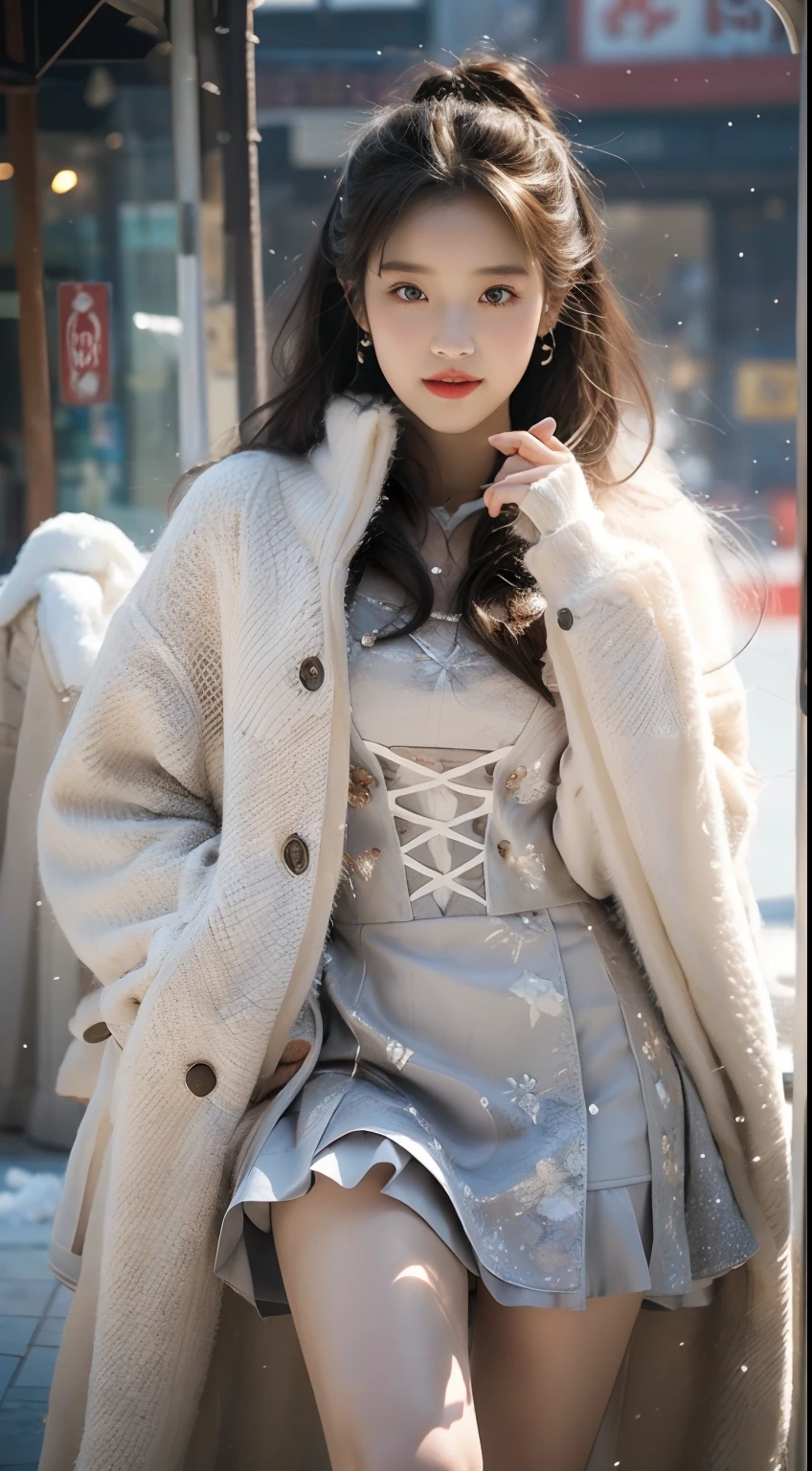 ((best qualtiy,tmasterpiece,超A high resolution)),(realisticlying:1.4),(Korean star poster-like),1girll,From head to knee,Dynamic posture,adult face,Slim,(ssmile),joy,Reflective eyes,(shiny skins),(contours,frontage),whaite hair,long whitr hair,黑The eye,Top fashion,((White plush coat)),Beautiful costumes,(Lolita costume),(short skirt),(Real drifting snow:1.5,snow cover,Simple street),(Clear eyes),(Clear nose),(Clear lips),(Fair skin),(Ultra-realistic textile textures),cinmatic lighting,35mm,offcial art,Incredibly Ridiculous res,hugefilesize,