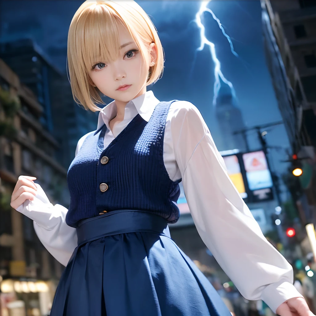 Screenshots of PlayStation 5, One lady、Android 18、独奏、blonde hair、((Blue eyes))、short-hair、耳Nipple Ring、jewely、Denim Vest、open vest、Black pantyhose、White shirt、Denim skirt、 Short sleeves with black stripes,,,,,, a blue skirt, middlebreasts, Cowboy Shots, Street,(((Woman in blue clothes holding lightning)))、spot light、 dynamicposes、 8K、Ulutra HD、Sharp lines、top-quality、hight resolution、
