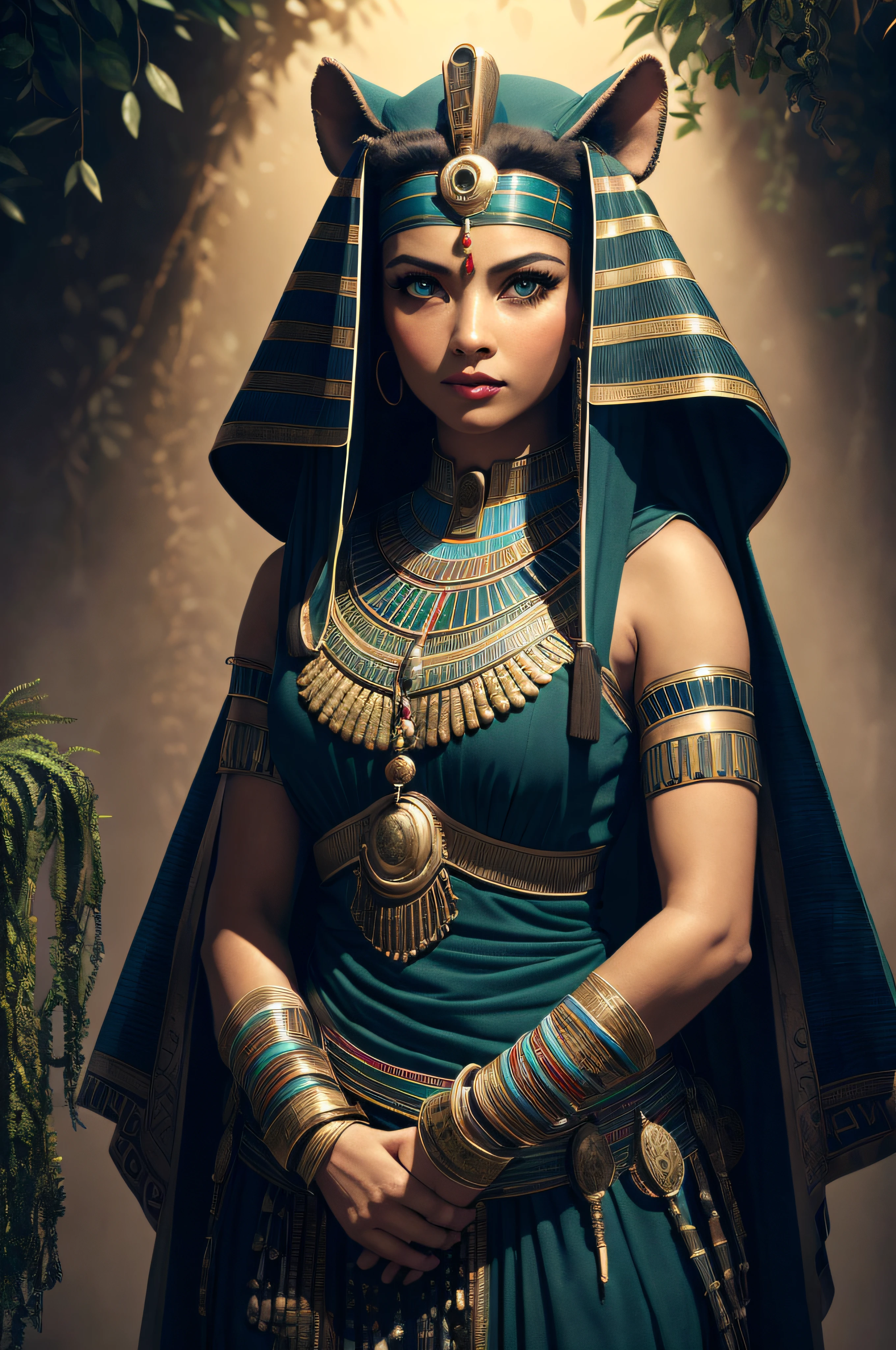 1 adult Egyptian woman, green eyes, black hair flaps, makeups , upper body, looking at viewer, detailed background, detailed face,  OldEgyptAI, ancient egyptian theme,  feral jungle warrior, obsidian, ((defensive stance)), stone knife, bushes, poisonous plants, rocks,  humid climate, darkness, cinematic atmosphere,
dark chamber, dim light, (zentangle, mandala, tangle, entangle:0.5)
(35mmstyle:1.1), front, masterpiece, 1970s film, , cinematic lighting, (photorealistic:1.5), high frequency details, 35mm film, (film grain), film noise,