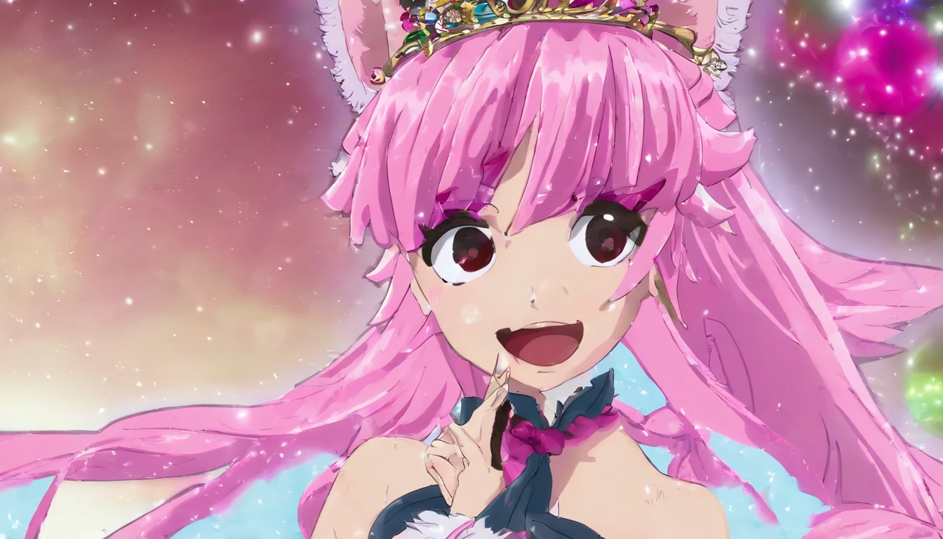 Masterpiece,1girll, serine,Pink_Hair, mitts, black_mitts, fur_Trim, Hat, santa_Costume, Christmas, Open_Mouth, Smile, bell, Solo, Red_Headwear, Pantyhose, White_Background, Pink_Eyes, santa_Hat,