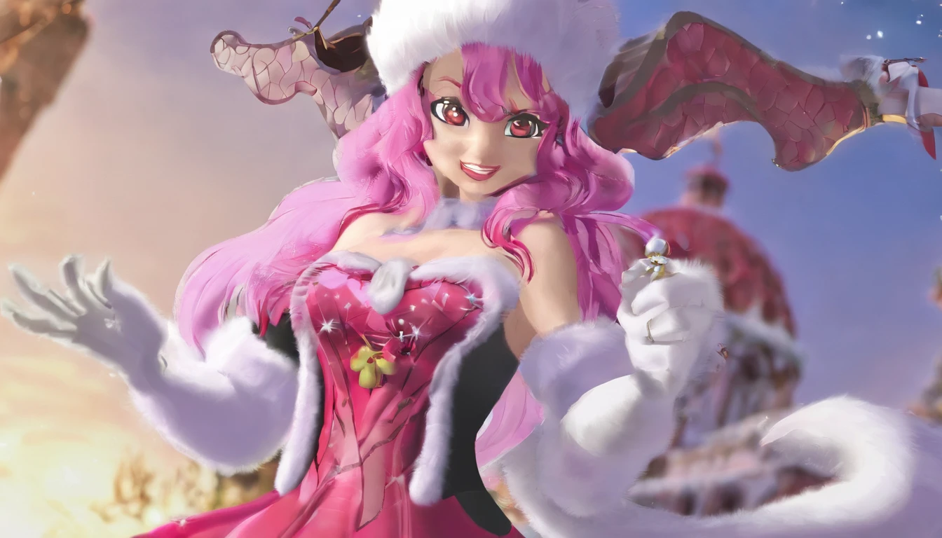 Masterpiece,1girll, serine,Pink_Hair, mitts, black_mitts, fur_Trim, Hat, santa_Costume, Christmas, Open_Mouth, Smile, bell, Solo, Red_Headwear, Pantyhose, White_Background, Pink_Eyes, santa_Hat,