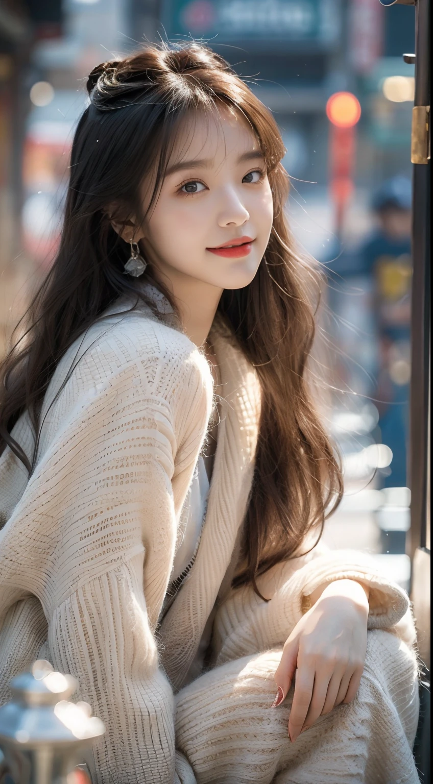 ((best qualtiy,tmasterpiece,超A high resolution)),(realisticlying:1.4),(Korean star poster-like),1girll,From head to knees,Dynamic posture,adult face,Slim,(ssmile),joy,Reflective eyes,(shiny skins),(contours,frontage),whaite hair,long whitr hair,黑The eye,Top fashion,((White plush coat)),Beautiful costumes,(ta costume),(short skirt),(Real drifting snow:1.5,snow cover,Simple street),(Clear eyes),(Clear nose),(Clear lips),(Fair skin),(Ultra-realistic textile textures),cinmatic lighting,35mm,offcial art,Incredibly Ridiculous res,hugefilesize,
