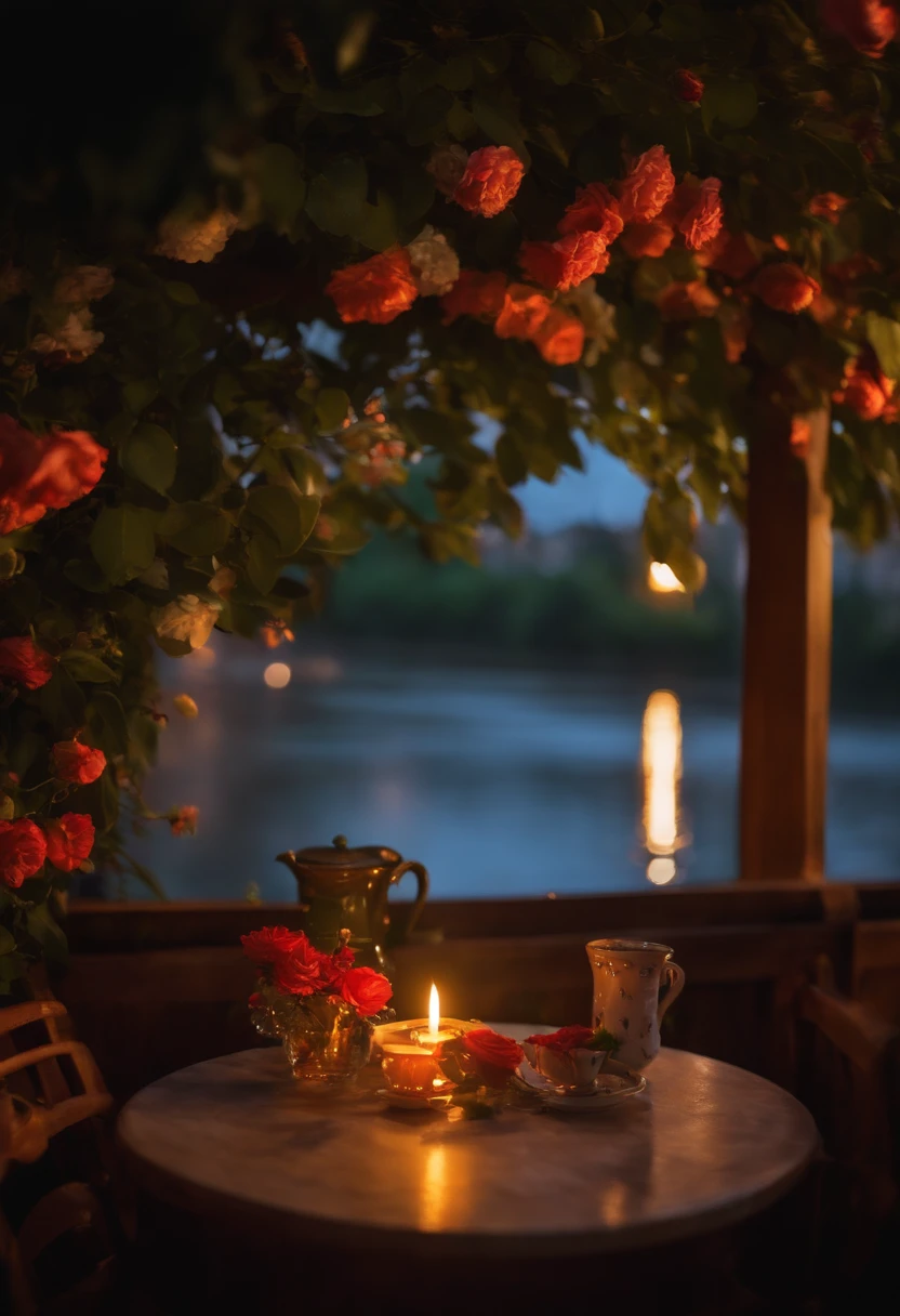 A flower garden that stretches forever along the river seen from the veranda、A candle is lit in the night view。cup of coffee。