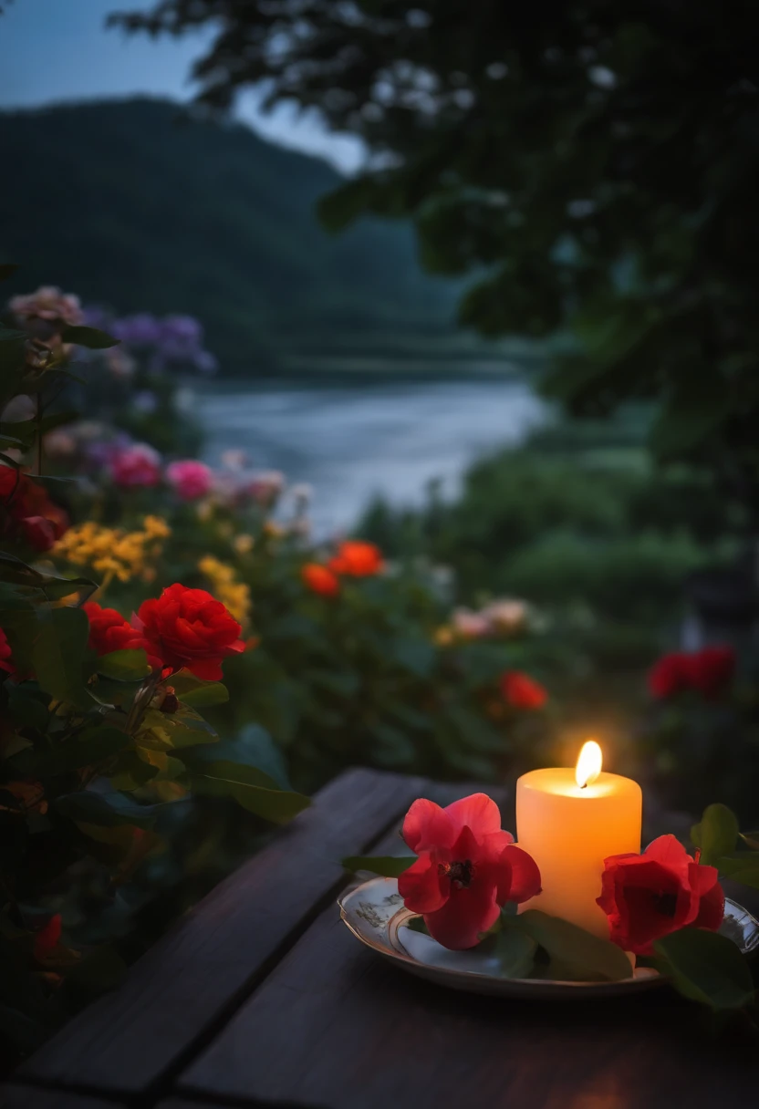 A flower garden that stretches forever along the river seen from the veranda、A candle is lit in the night view。cup of coffee。