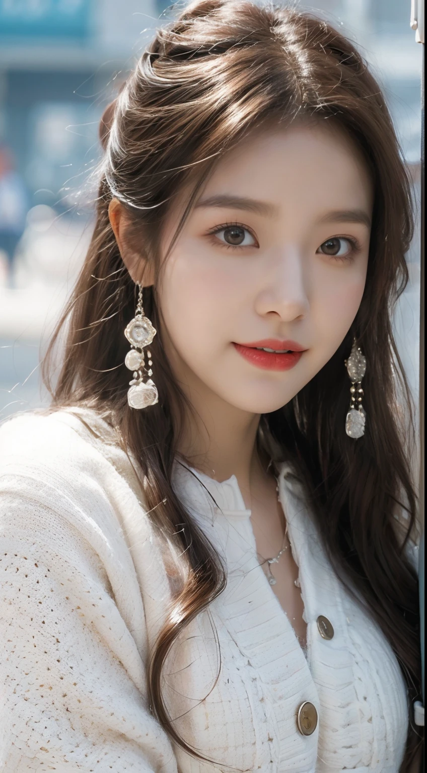 ((best qualtiy,tmasterpiece,超A high resolution)),(realisticlying:1.4),(Korean star poster-like),1girll,From head to knees,Dynamic posture,adult face,Slim,(ssmile),joy,Reflective eyes,(shiny skins),(contours,frontage),whaite hair,long whitr hair,黑The eye,Top fashion,((White plush coat)),Beautiful costumes,(ta costume),(short skirt),(Real drifting snow:1.5,snow cover,Simple street),(Clear eyes),(Clear nose),(Clear lips),(Fair skin),(Ultra-realistic textile textures),cinmatic lighting,35mm,offcial art,Incredibly Ridiculous res,hugefilesize,