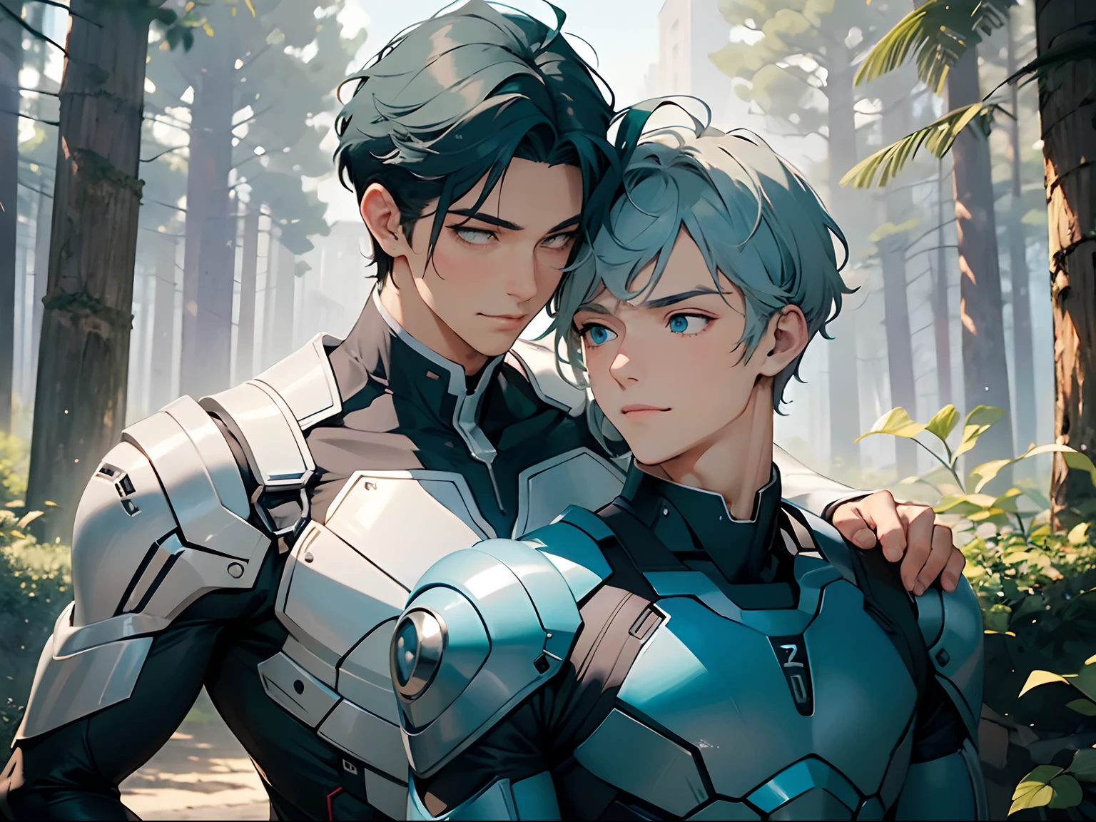 (delicate composition:1.5),(Masterpiece), best quality face, ((super-detailed)), (very fine 4K super fine), (ultra-detailed body), (gay male relationship), , scenery, organic, dynamic angle,(beside forest),(2 male:1.3), (handsum male), (green hair) ,short hair, blue eyes,sharply eyes, larynx, serious face/(male 1/), mature male, (blue hair), blue eyes,short hair, parted bangs, male face ,smile , larynx/(male 2/),gay male relationship