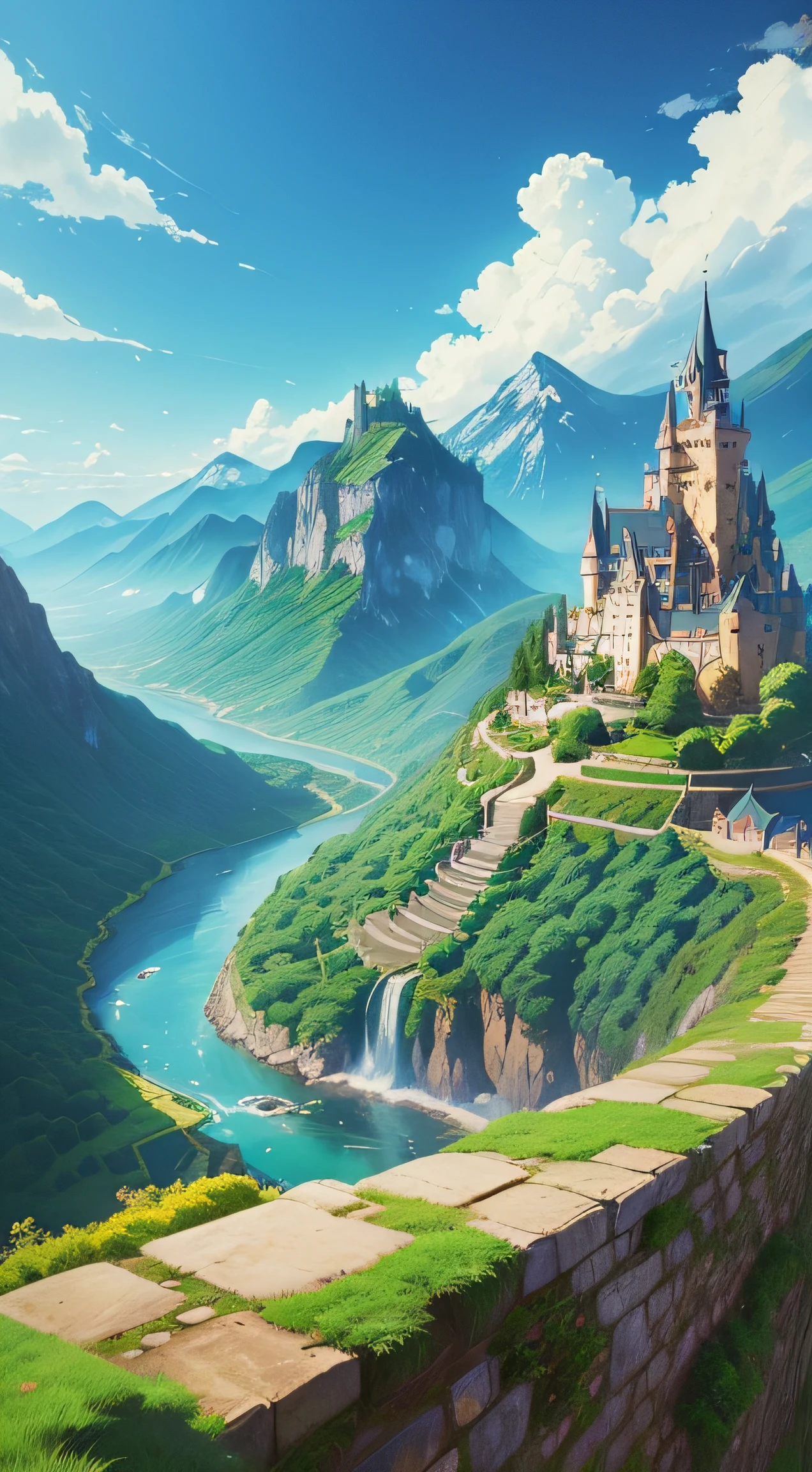 (a landscape like studio ghibli, bright and vibrant:1.2, detailed visual, beautiful sky with bright colors, castle in the middle of the landscape, medieval kingdom, lush greenery, flowing river, mountains, dragon flying in the background, mystical atmosphere) --auto