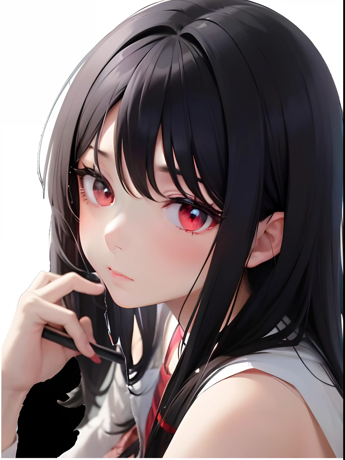 Anime girl with long black hair and red eyes holding mobile phone, with glowing red eyes, luminous red eyes, Stunning anime face portrait, realistic anime art style, Beautiful Anime Face, Anime Girl, realistic young anime girl, young anime girl, Glowing red eyes, charming anime girls, Beautiful anime girl, Realistic anime art style, with red glowing eyes