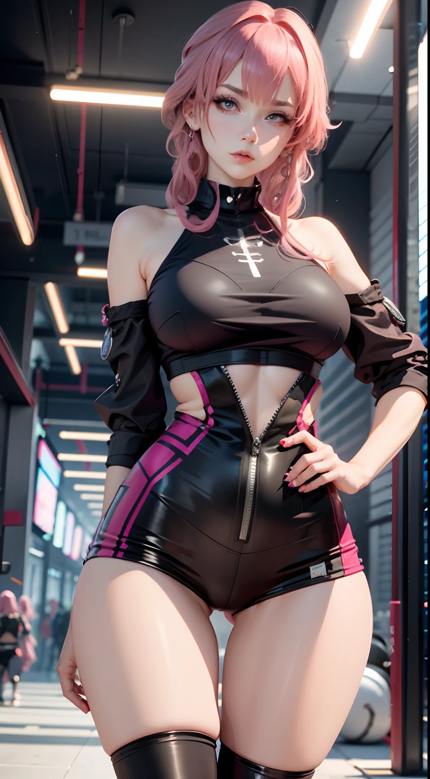 Beautiful woman,1个Giant Breast Girl,pink haired woman,Fighting posture,black pantyhoses,black glove,Sports bra,jewely,shorter pants,J thighs。Pink hair,drill bit,Asymmetrical hair,Wear gold and silver