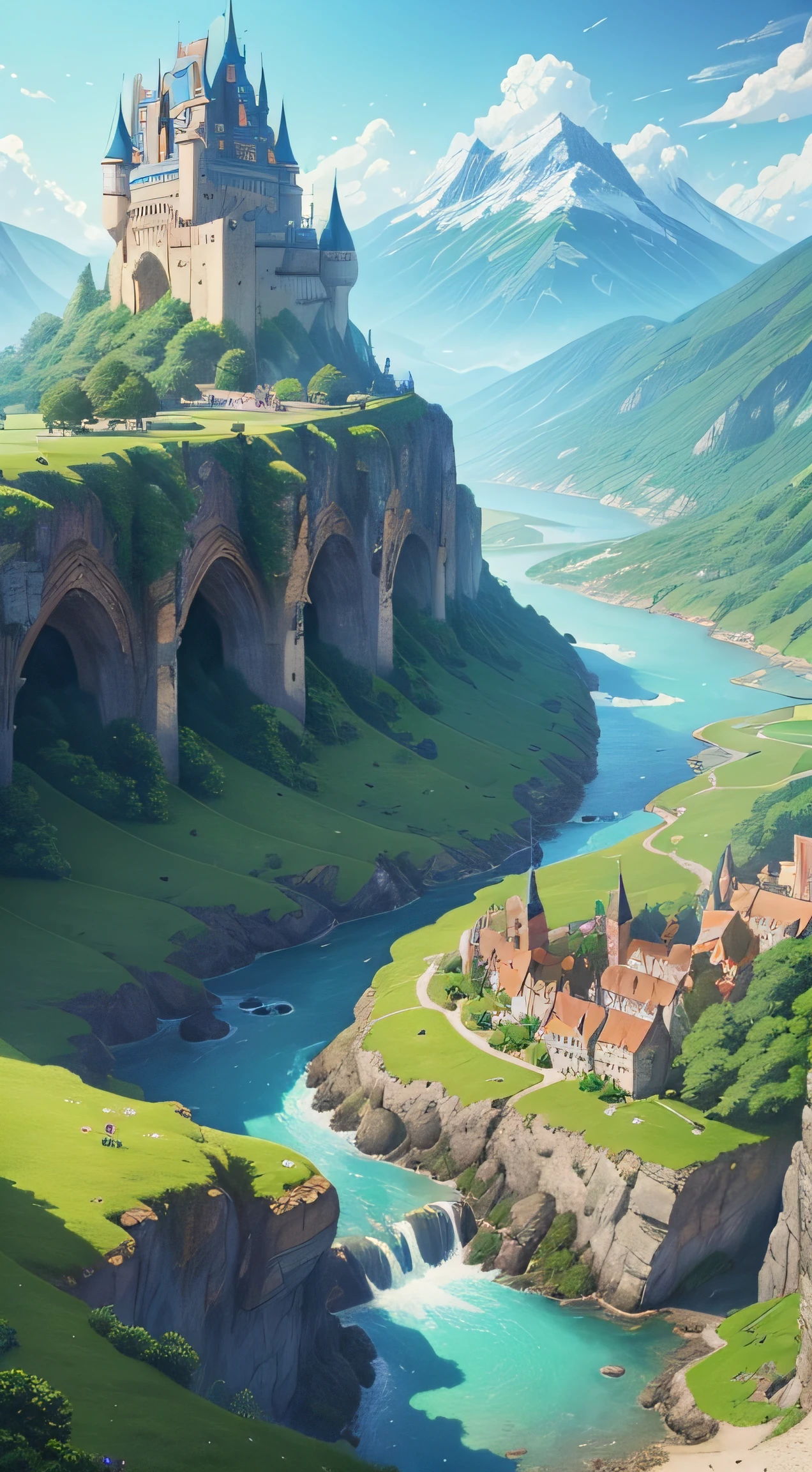 (a landscape like studio ghibli, bright and vibrant:1.2, detailed visual, beautiful sky with bright colors, castle in the middle of the landscape, medieval kingdom, lush greenery, flowing river, mountains, dragon flying in the background, mystical atmosphere) --auto