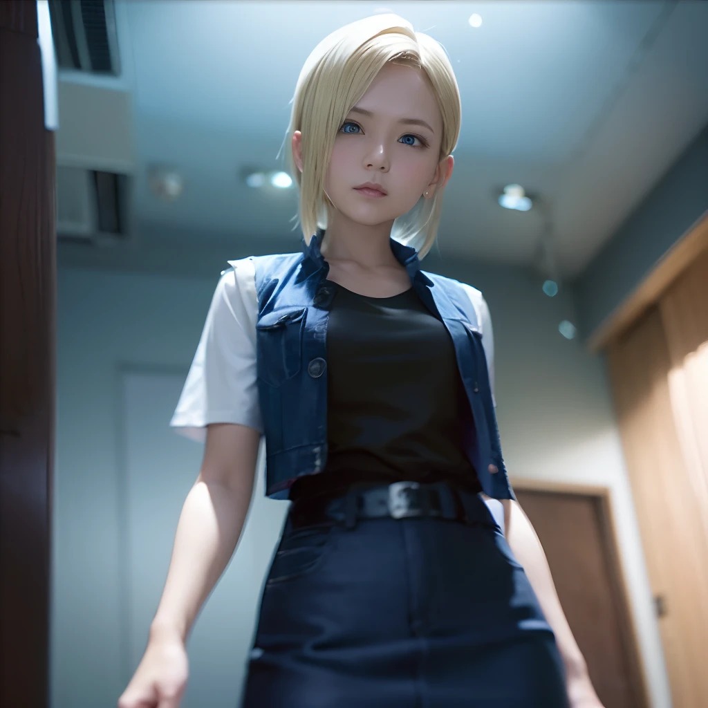 Screenshots of PlayStation 5, One lady、Android 18、独奏、blonde hair、((Blue eyes))、short-hair、耳Nipple Ring、jewely、Denim Vest、open vest、Black pantyhose、White shirt、Denim skirt、 Short sleeves with black stripes,,,,,, a blue skirt, middlebreasts, Cowboy Shots, Street,(((Woman in blue clothes holding lightning)))、spot light、 dynamicposes、 8K、Ulutra HD、Sharp lines、top-quality、hight resolution、