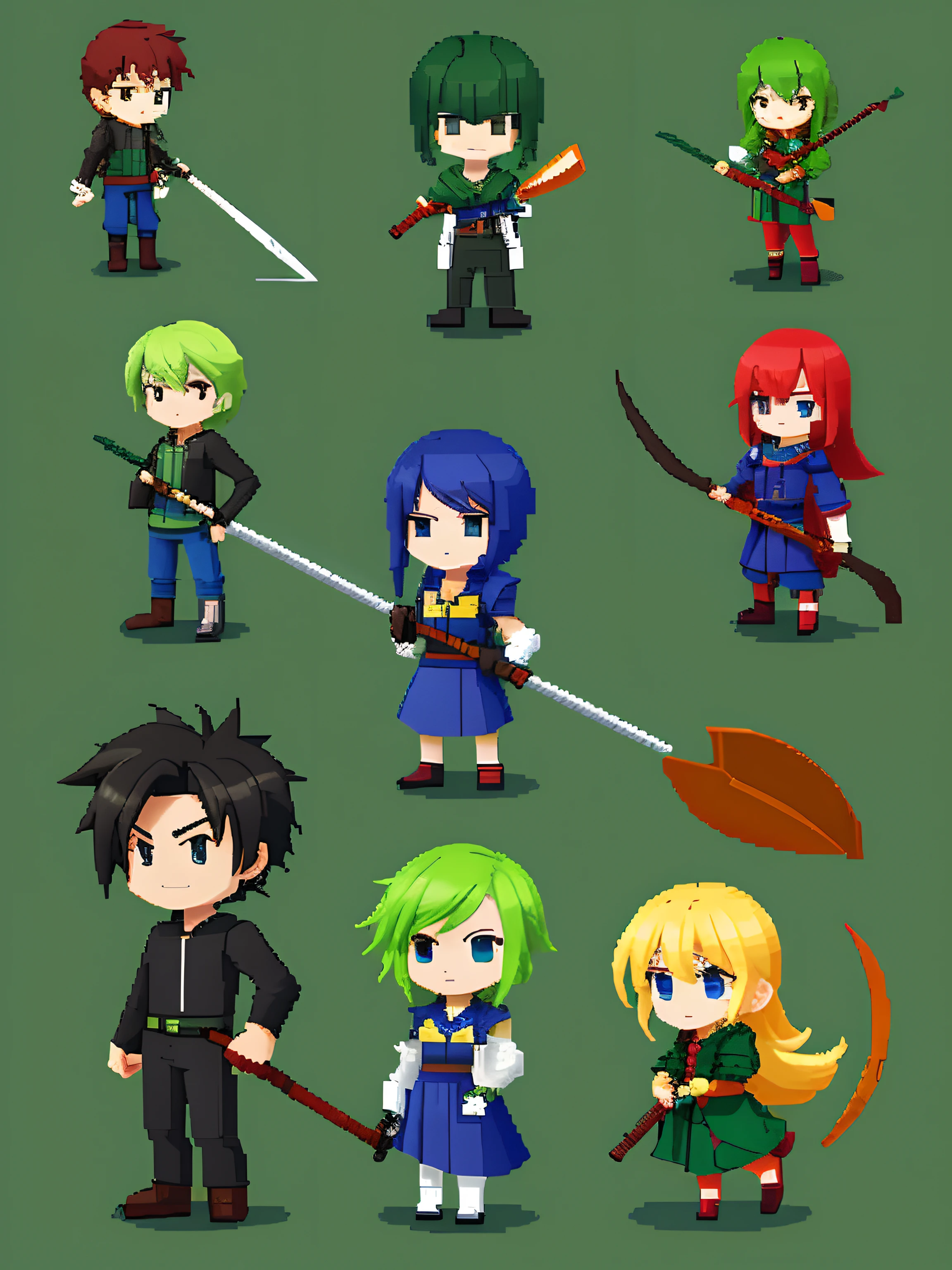 Characters with scythes,2d game character,solid green background,A detailed,Pixel art,full bodyesbian,pix