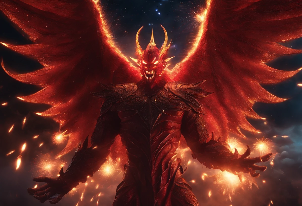 Brilliant fireworks in the night sky,BOSS FIGHT,RPG style,the Great Devil,Masterpiece, ultraclear, extreme hight detail