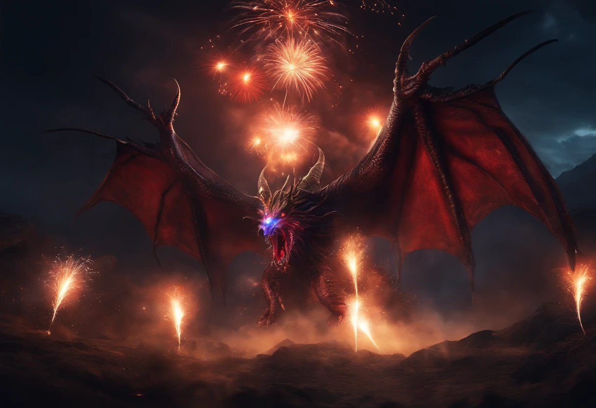 Brilliant fireworks in the night sky,BOSS FIGHT,RPG style,the Great Devil,Masterpiece, ultraclear, extreme hight detail