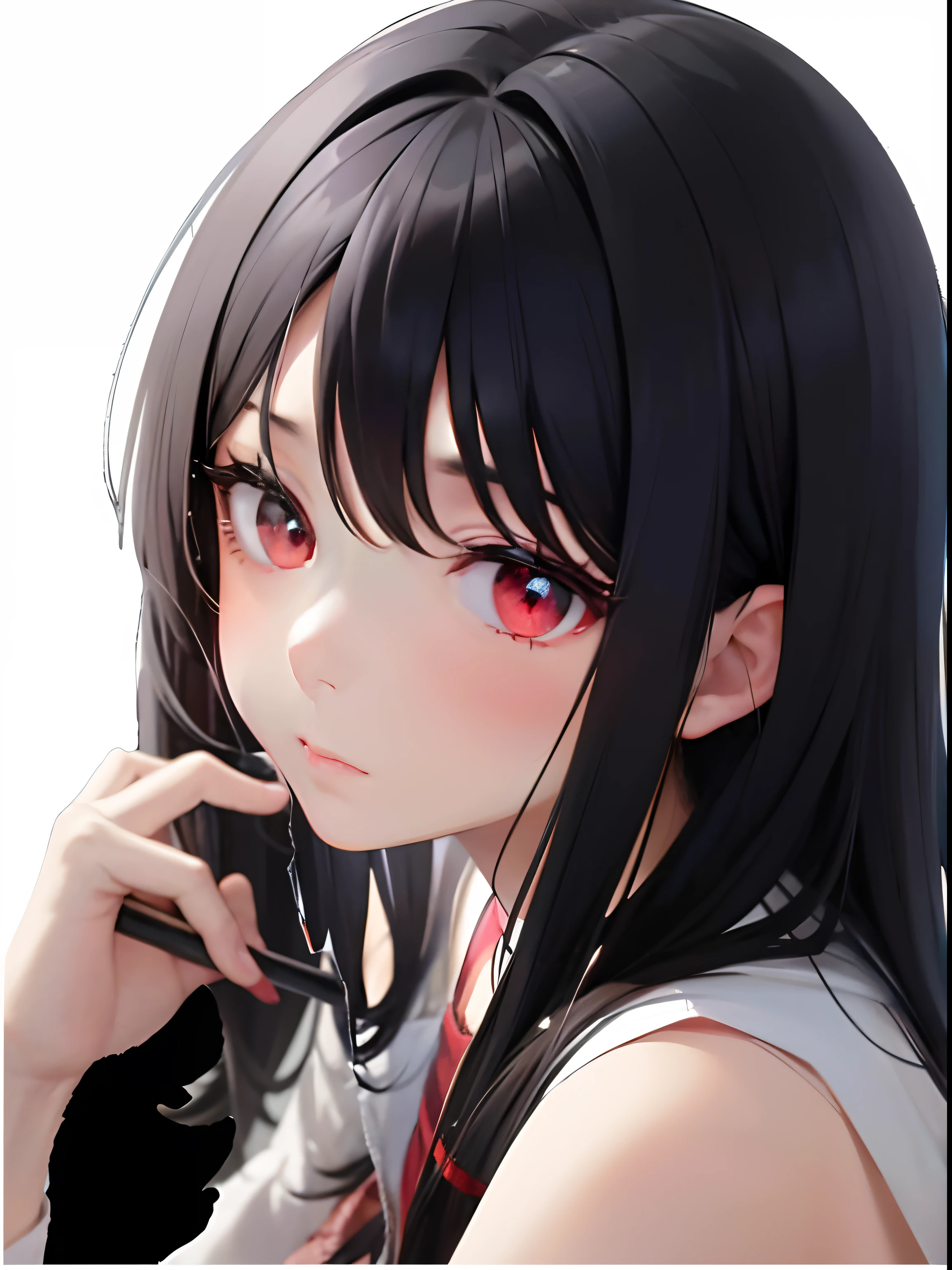 Anime girl with long black hair and red eyes holding mobile phone, with glowing red eyes, luminous red eyes, Stunning anime face portrait, realistic anime art style, Beautiful Anime Face, Anime Girl, realistic young anime girl, young anime girl, Glowing red eyes, charming anime girls, Beautiful anime girl, Realistic anime art style, with red glowing eyes