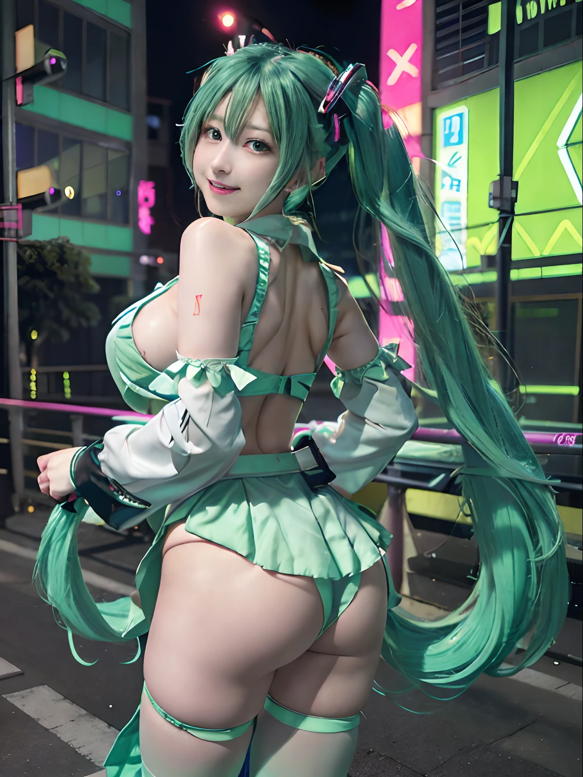 Top image quality、photographic quality、Raw photo、1 sexy woman、huge-breasted、Gravure Pose、Hands behind your back、Cosplay、Hatsune Miku Cosplay、Green Twin Tail、cyberpunked、Neon Street Buildings、A smile、Sexy style、Hatsune Miku's clothes、Night background