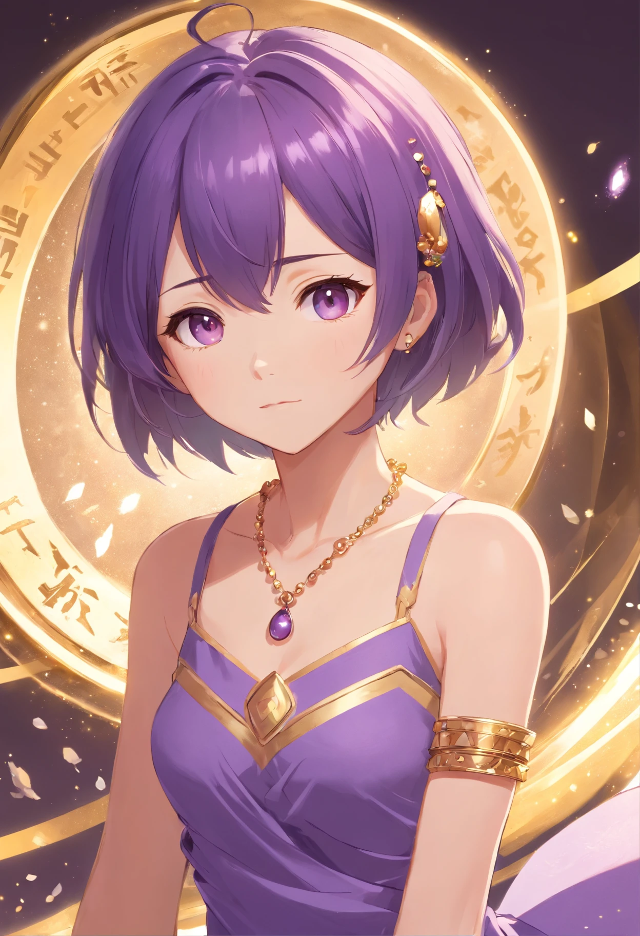 Petite and flexible female character。She has short hair,The hair color is lilac,Combed neatly,Stuffed on the back of the head。She has bright amber eyes,Exudes wisdom and alertness。Her face is well defined,Slightly fairer complexion,Highlight her purity and nobility。The overall style is biased towards oriental classic elements。She wore a gorgeous and distinctive purple dress,It is decorated with gold motifs and details,The skirt of the dress is loose,Wearing a pair of gold bracelets and a pearl necklace