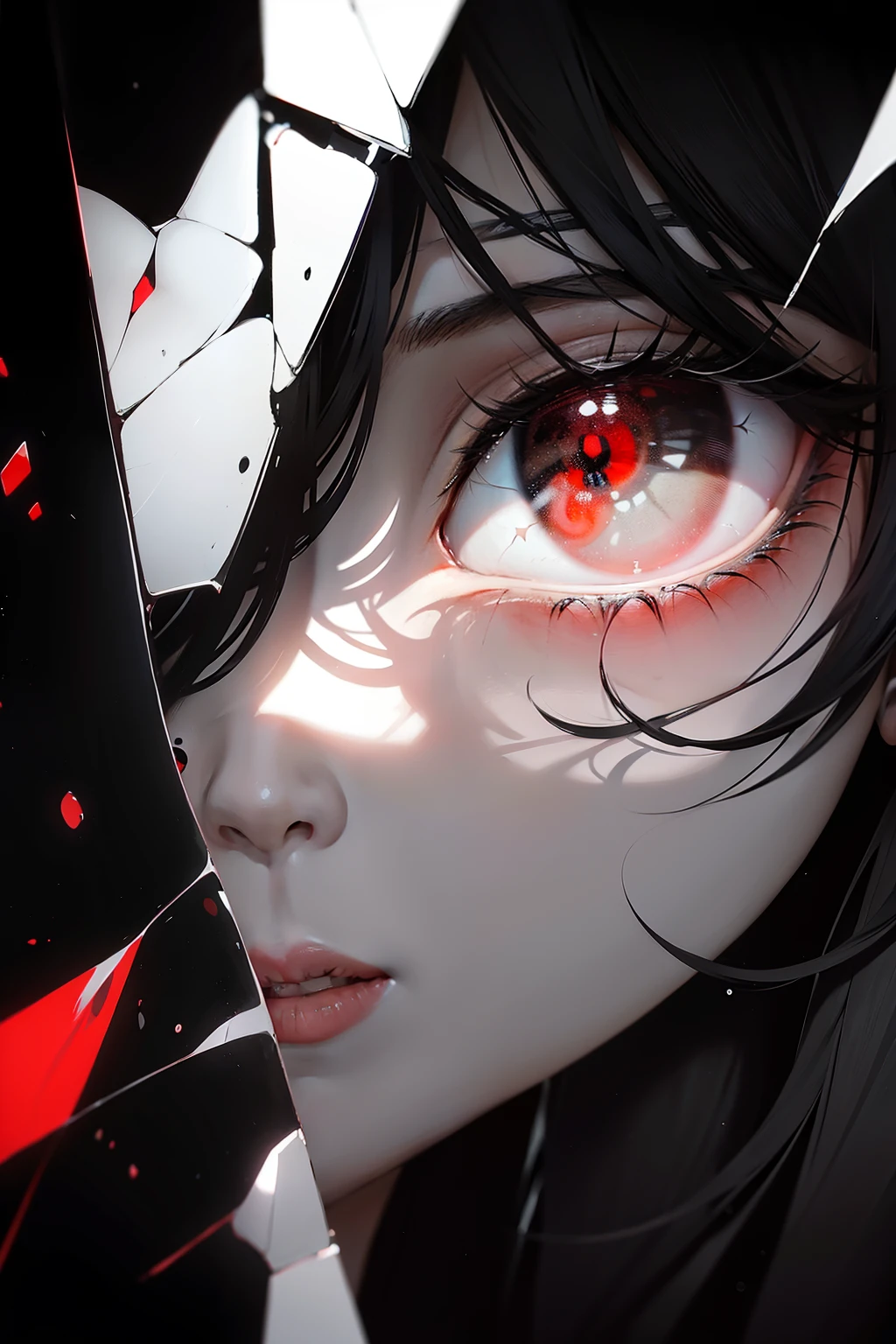 black and white,Absolutely beautiful women,Bust,Broken mirror,Black and white split,Red tears,Black and white painting,Broken,Sublevels,Black and white,Eroded by darkness and light,Symetrical