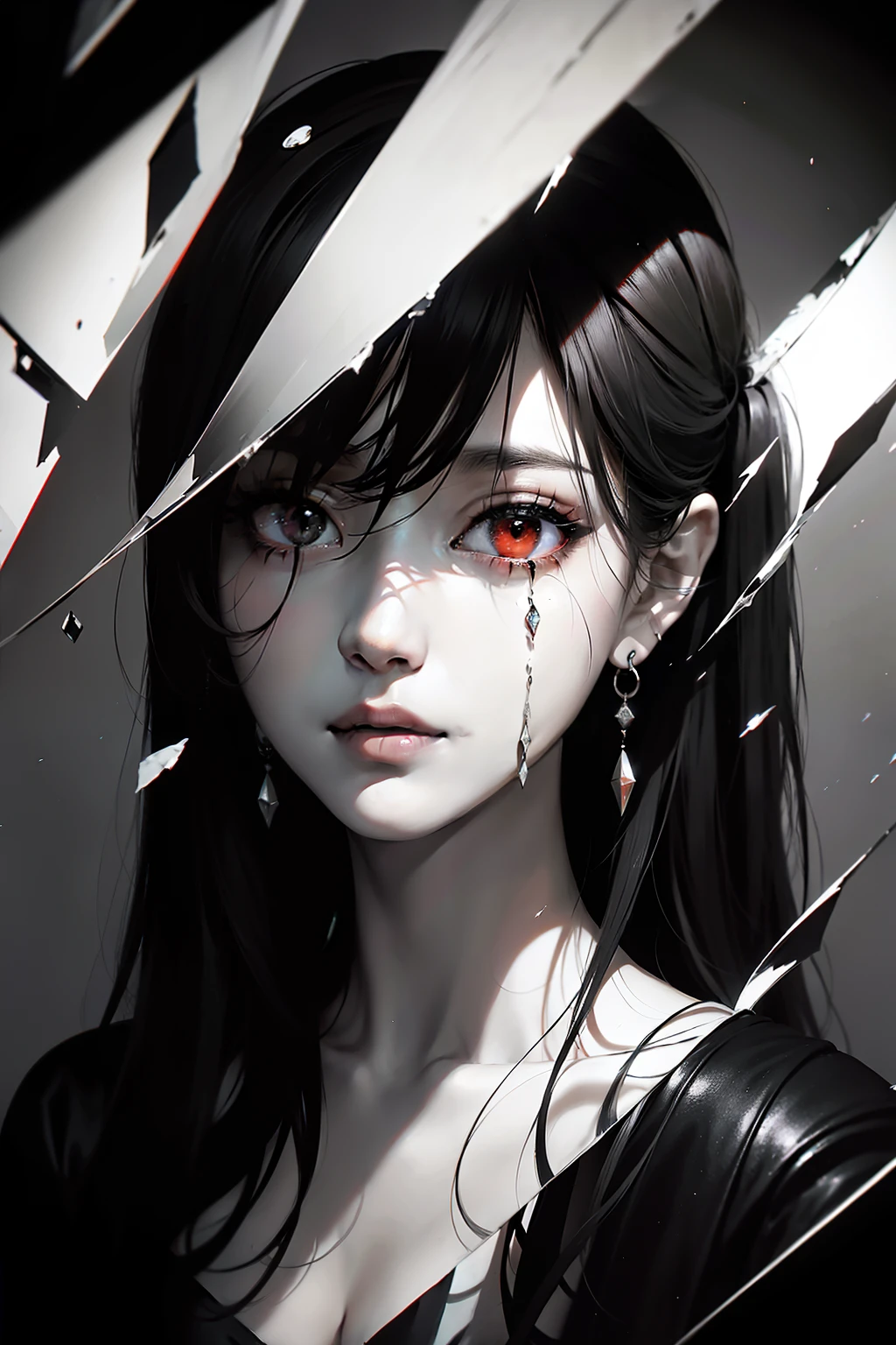 ((Highly detailed CG unit 8k wallpaper, masterpiece, High resolution, highest quality, highest qualityのリアルテクスチャスキン)), (very beautiful woman, black髪, plump lips, white skin, ), (Blood, bent, sharp, black, red, nothingness), surreal, digital painting, concept art,