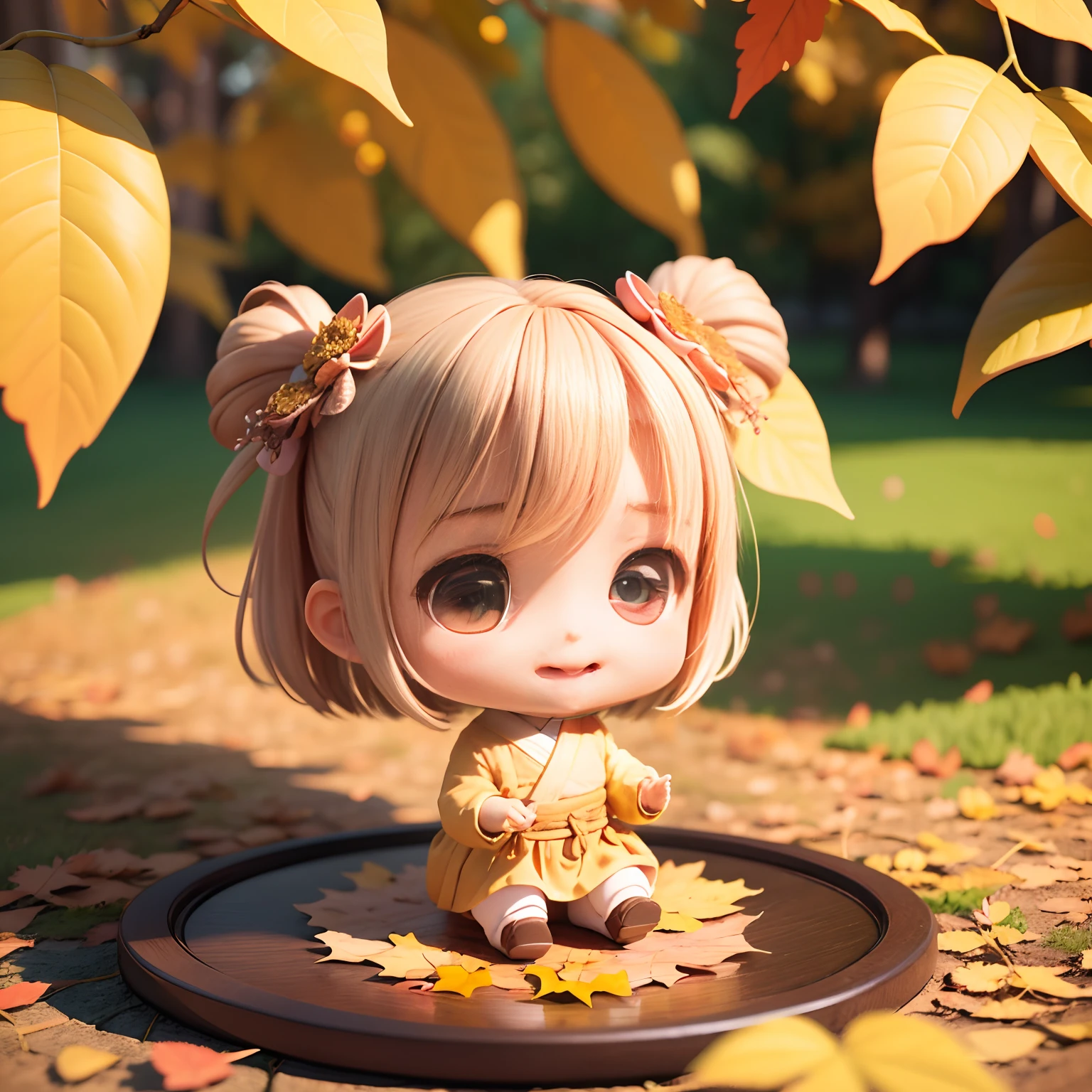 Cute Baby Chibi Anime、(((chibi3d))) (best quality), (masterpiece)、Taisho Roman、Colored leaves、Royal Botanic Gardens in Autumn、specimen、Open your mouth and smile、