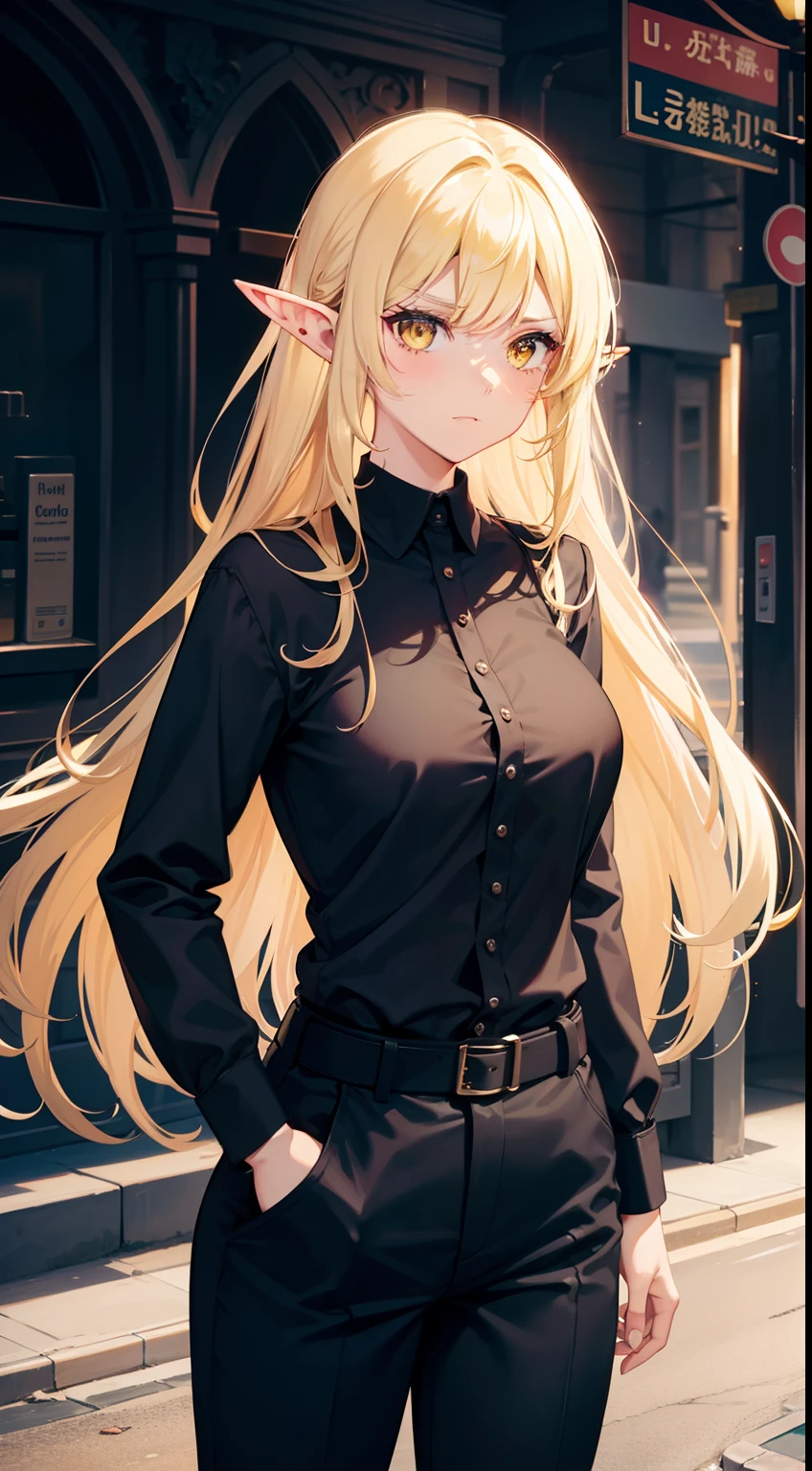 1woman ,40s,serious face,The shirt,Blouse,black pants,medium tits,light blonde hair,long hair,yellow eyes,elves ears,.road.night