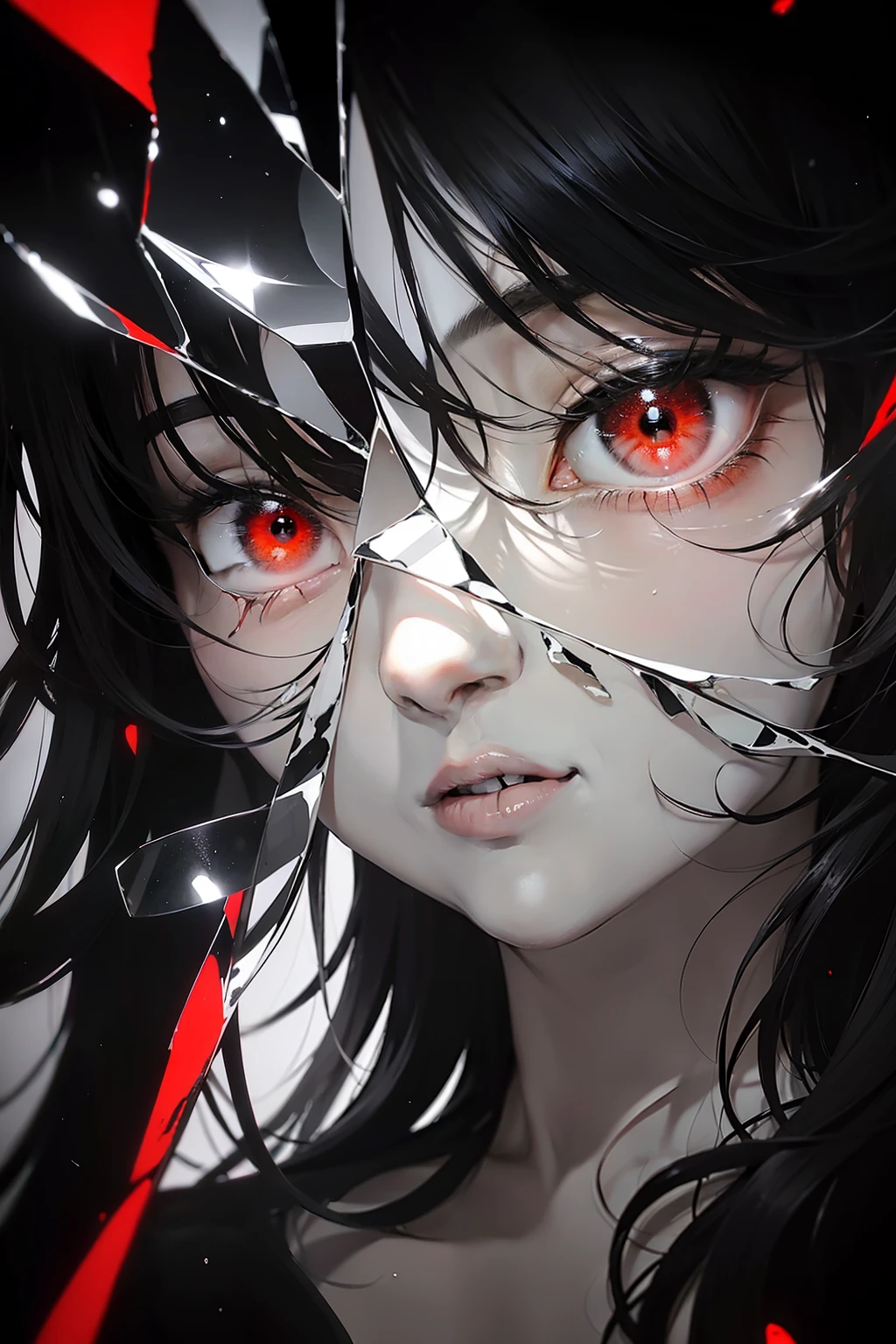 black and white,Absolutely beautiful women,Bust,Broken mirror,Black and white split,Red tears,Black and white painting,Broken,Sublevels,Black and white,Eroded by darkness and light,Symetrical