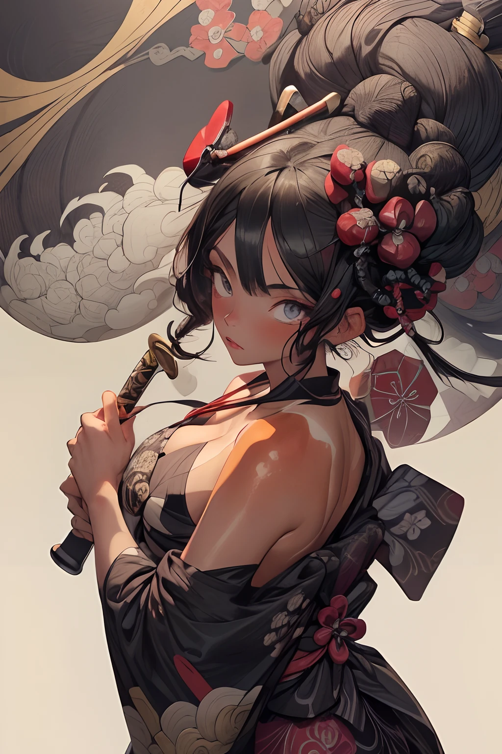 Barefoot woman(30-years old) , (strongly tanned skin:1.7)、 (White hair)、(Samurai style black and gold kimono:1.0)、(two swords)、Bare shoulders, Double eyelids, Parted lips,Solo,(cleavage)、delicate and sexy(鎖骨:1.3), (Shiny skin:0.8),(masutepiece:1.4),(Best Quality:1.4),glossy red lips, Perfect Abs, Wet(full of sweat)、low angles, (from below angle), High detailed skin, Skin pores,(Katsushika Hokusai-style background:1.5)