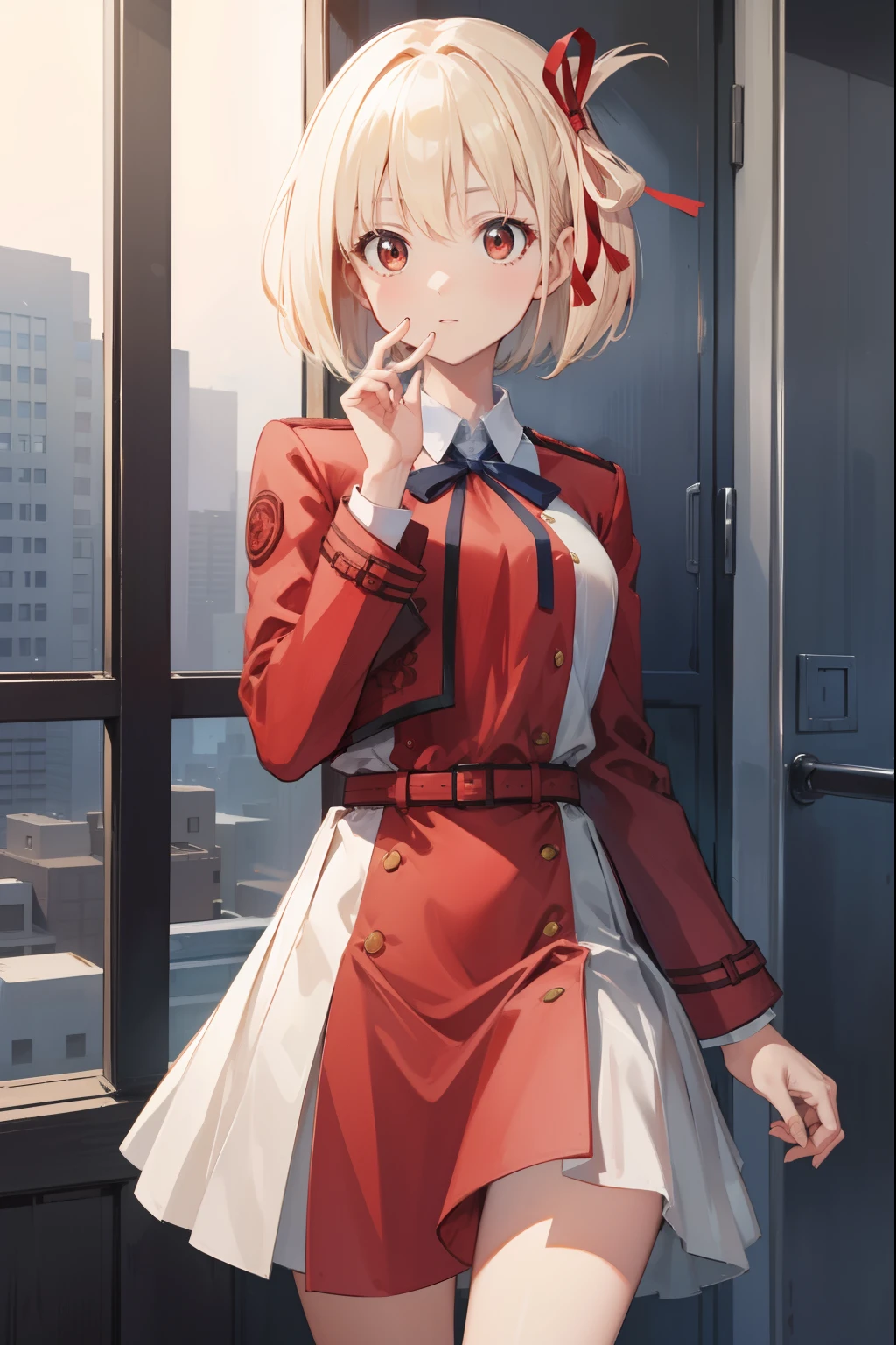 chisatonishikigi, nishikigi chisato, short hair, bangs, blonde hair, (red eyes:1.5), hair ribbon, one side up, bob cut,
BREAK shirt, long sleeves, dress, ribbon, white shirt, collared shirt, belt, neck ribbon, red dress, blue ribbon, pleated dress, grey dress, two-tone dress, red belt, lycoris uniform,,
BREAK outdoors, city,
BREAK looking at viewer, BREAK (masterpiece:1.2), best quality, high resolution, unity 8k wallpaper, (illustration:0.8), (beautiful detailed eyes:1.6), extremely detailed face, perfect lighting, extremely detailed CG, (perfect hands, perfect anatomy),