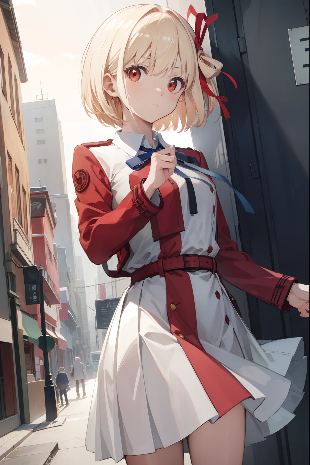 chisatonishikigi, nishikigi chisato, short hair, bangs, blonde hair, (red eyes:1.5), hair ribbon, one side up, bob cut,
BREAK shirt, long sleeves, dress, ribbon, white shirt, collared shirt, belt, neck ribbon, red dress, blue ribbon, pleated dress, grey dress, two-tone dress, red belt, lycoris uniform,,
BREAK outdoors, city,
BREAK looking at viewer, BREAK (masterpiece:1.2), best quality, high resolution, unity 8k wallpaper, (illustration:0.8), (beautiful detailed eyes:1.6), extremely detailed face, perfect lighting, extremely detailed CG, (perfect hands, perfect anatomy),