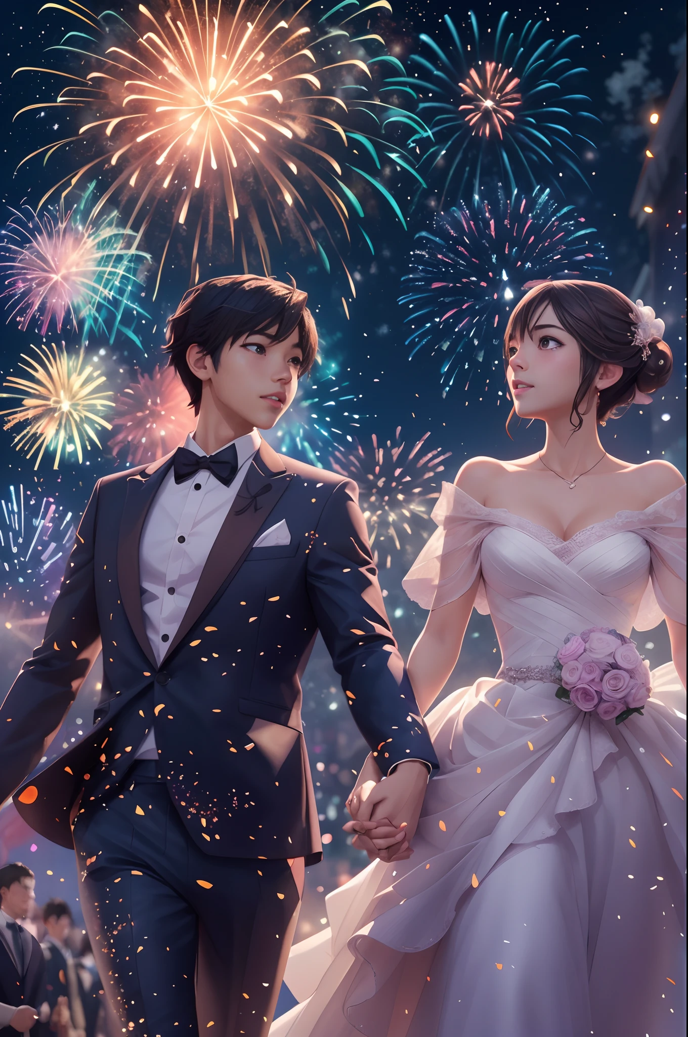 Anime couple in wedding dress walking in front of fireworks, Ross Tran e Makoto Shinkai, [ fireworks in the sky ]!!, sakimichan and makoto shinkai, 2 0 2 0 s promotional art, Guviz-style artwork, 8K)), official fanart, Guviz, Guweiz e Makoto Shinkai, fire works
