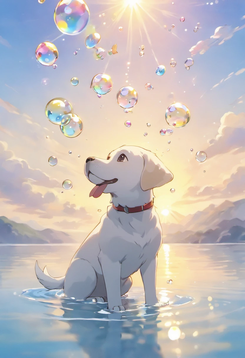 A touching scene in ultra-high definition 3D showcasing white Labrador Retriever making a wish beside a tranquil lake. white Labrador Retriever, beautifully rendered in detail, is seen gently blowing bubbles into the air, each one carrying a hopeful wish. The bubbles catch the reflection of the setting sun, creating a dreamy, magical effect. The overall atmosphere is tender, filled with hope and serenity