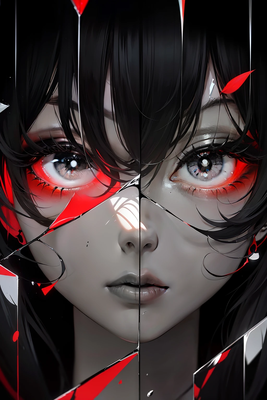 black and white,Absolutely beautiful women,Bust,Broken mirror,Black and white split,Red tears,Black and white painting,Broken,Sublevels,Black and white,Eroded by darkness and light,Symetrical