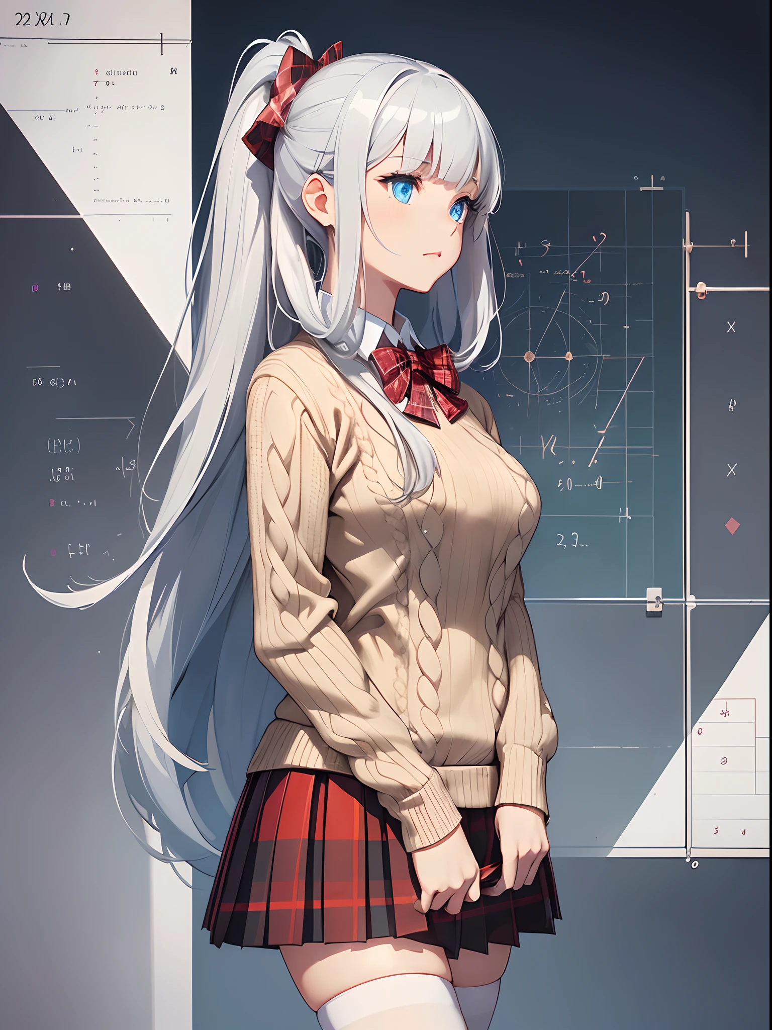 1girl, (side_view),(17year old,perfect body,Bishojo),(((blue eyes))),(((realistic hair))),(((long hair:1.1))),ponytail,((shiny hair)),(((silver hair with white tips))),(blunt bangs),(large breasts,huge breasts,big breasts:1.0),(arms in akimbo:1.3),bare hip,mature female,long legs,skinny, fore head, (haughty and arrogant look,blush ,smile:0.8), (((School Uniforms:1.2))), (((wear a beige knit-sweater over a white shirt:1.3))), (red bow:1.3), (((plaid pattern pleated skirt:1.3))),(((thigh highs))),bare legs, bokeh,skinny,looking at another, BREAK., dark green matte background, zentangle,(Intricate mathematical equations patterns in white or colored chalk, ornamental borders,Graphs and charts showcasing various mathematical functions and data representations are strategically placed,Precise geometric shapes like circles, triangles, and polygons are meticulously drawn and shaded with different chalk colors)(patchwork layout Iconic scientific formulas and symbols pattern Backgrounds.,:1.2),, absurdres, absolutely resolution, incredibly absurdres, highres, ultra detailed, official art, unity 8k wallpaper, detailed background