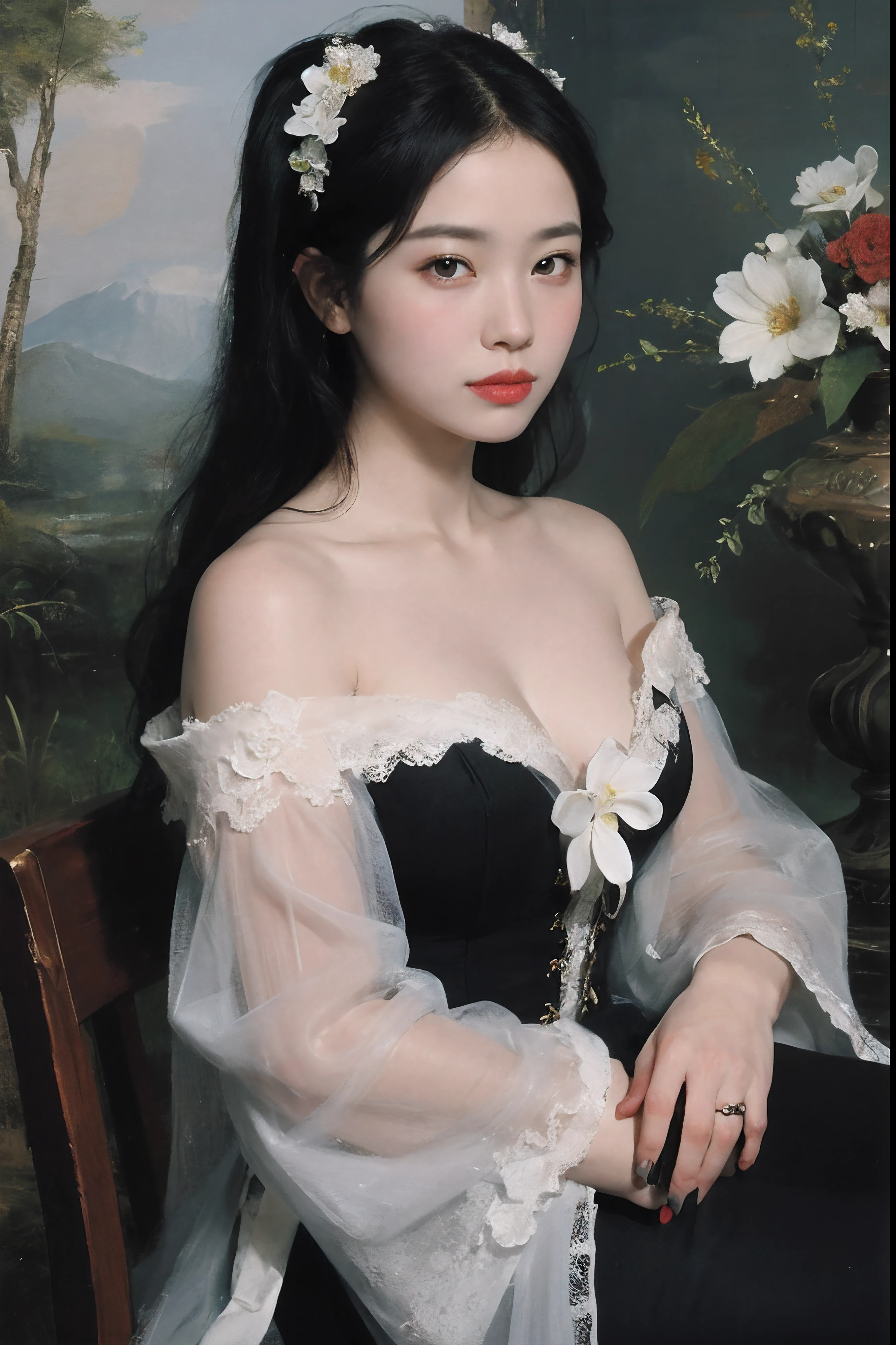 (Oil painting: 1.5),
\\
A woman with long black hair and white flowers in her hair sits in front of a Chinese landscape painting, black dress (Amy Saul: 0.248), (Stanley Ateg Liu: 0.106), (a detailed painting: 0.353), (Gothic art: 0.106)