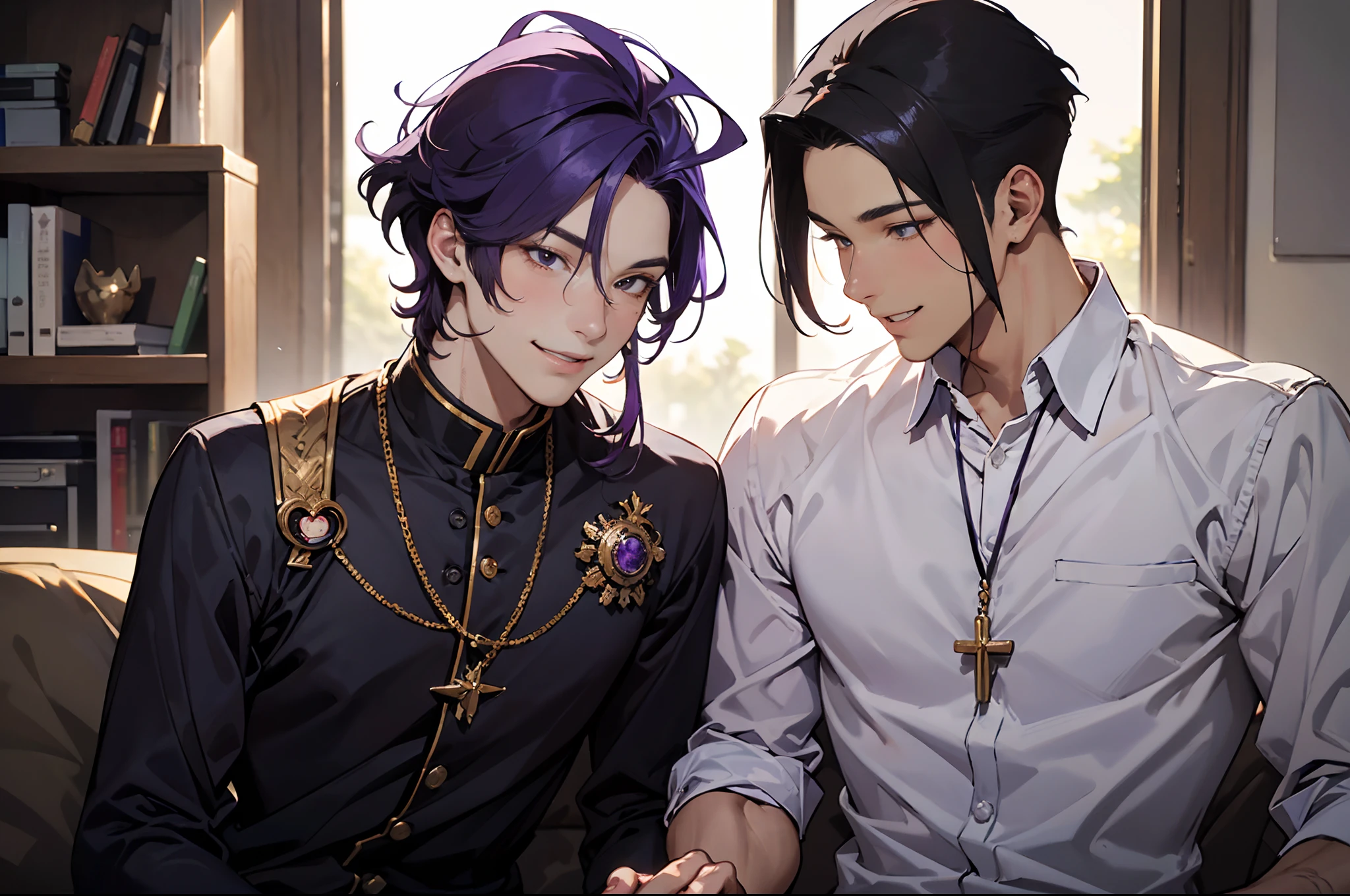 (Masterpiece), (best quality), ((super-detailed)) , (smiling), (2males), yaoi,gay male relationship,25 years old, handsum male hair, black hair man and purple hair man,looking at other, cinematic,add_detail:1