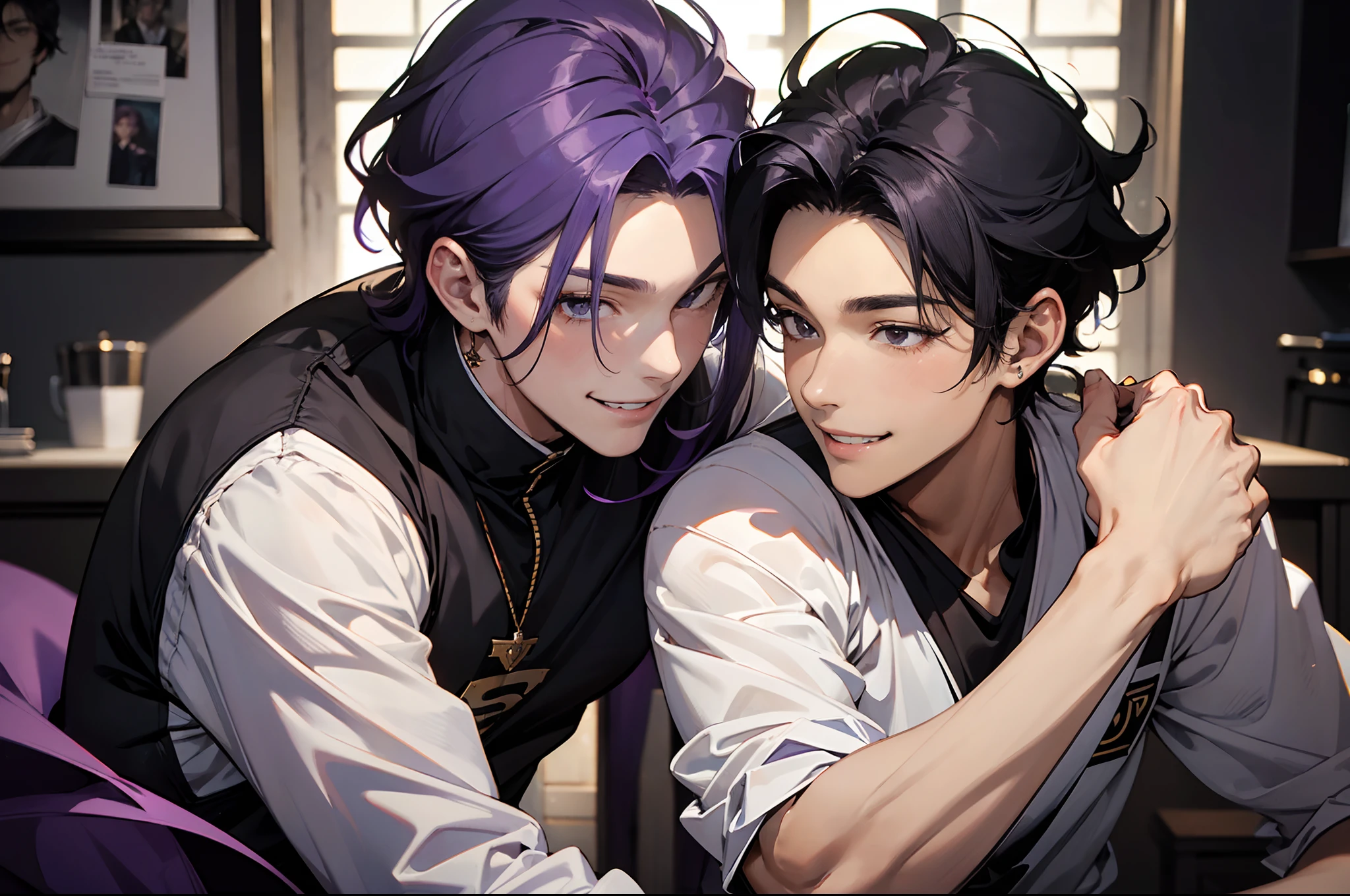 (Masterpiece), (best quality), ((super-detailed)) , (smiling), (2males), yaoi,gay male relationship,25 years old, handsum male hair, black hair man and purple hair man,looking at other, cinematic,add_detail:1