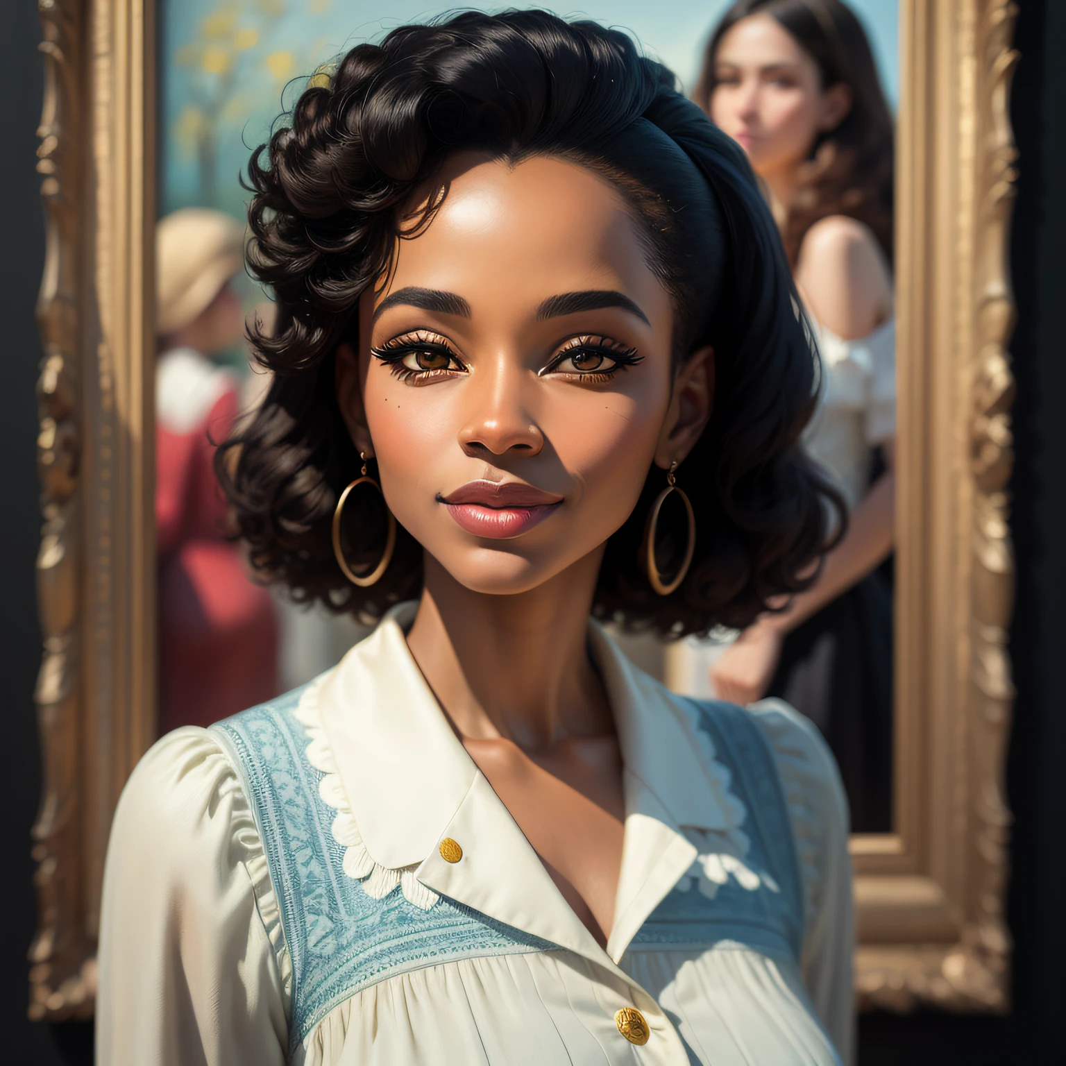 ((best quality)), ((masterpiece)), ((realistic)), vintage Afro-Caribbean woman, elegant attire, 1950s fashion, radiant smile, confident stance, cultural pride, (oil painting:1.2), (Lois Mailou Jones:1.1), (Kadir Nelson:1.1), vivid colors, nostalgic background, authentic vintage feel, (portrait composition:1.3), (high-resolution:1.2)
